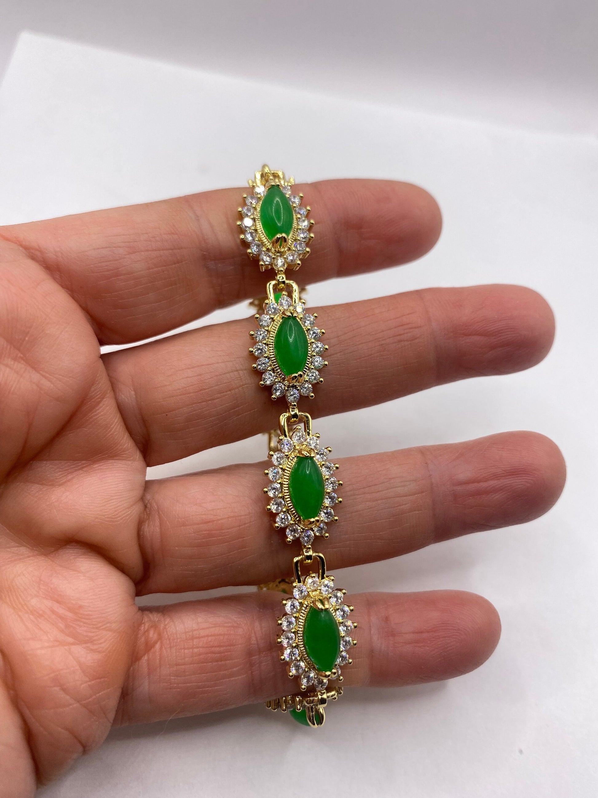 Vintage Green Jade Bracelet Gold Bronze