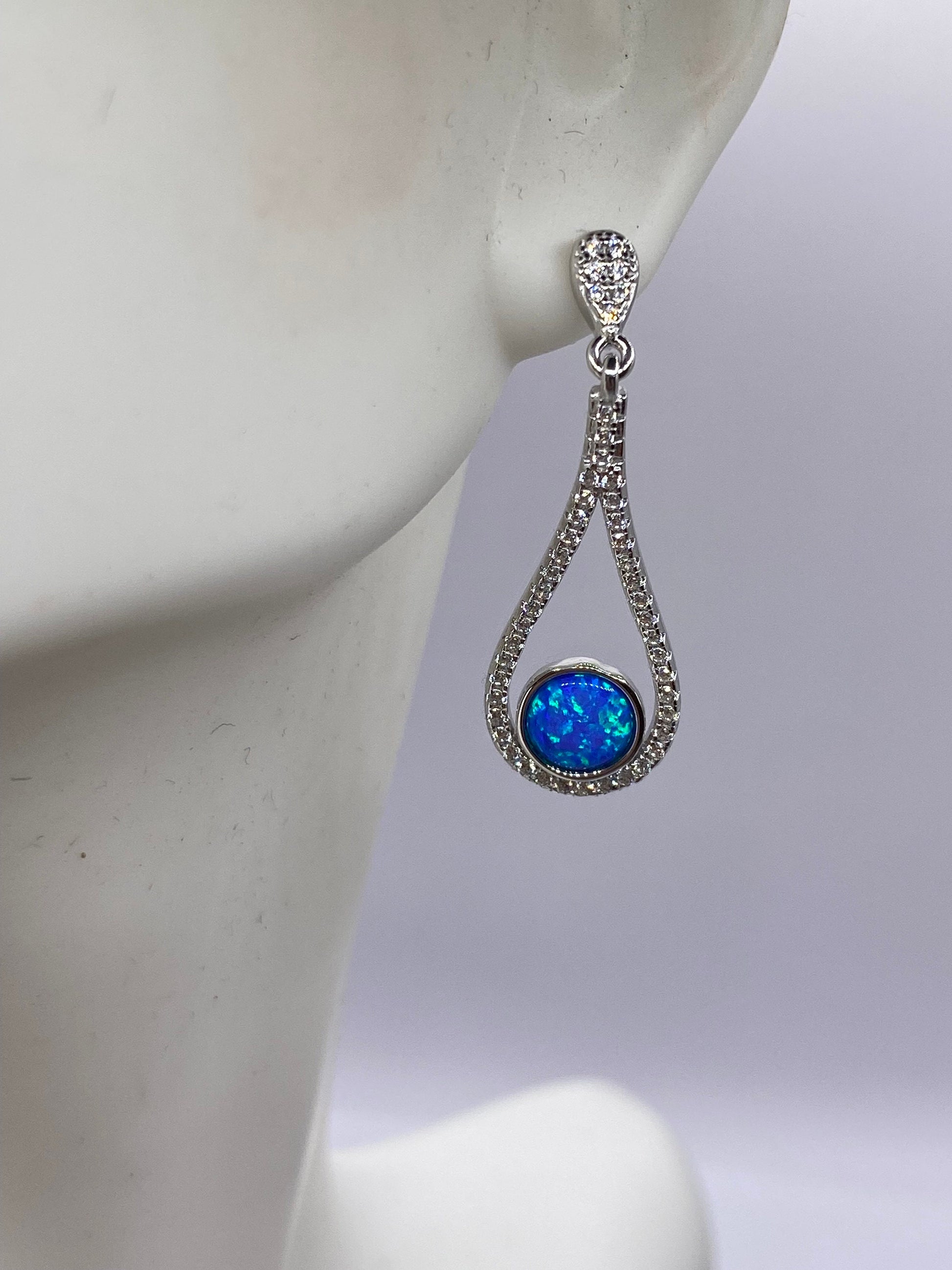 Vintage White Opal Earrings White Sapphire 925 Sterling Silver Dangle