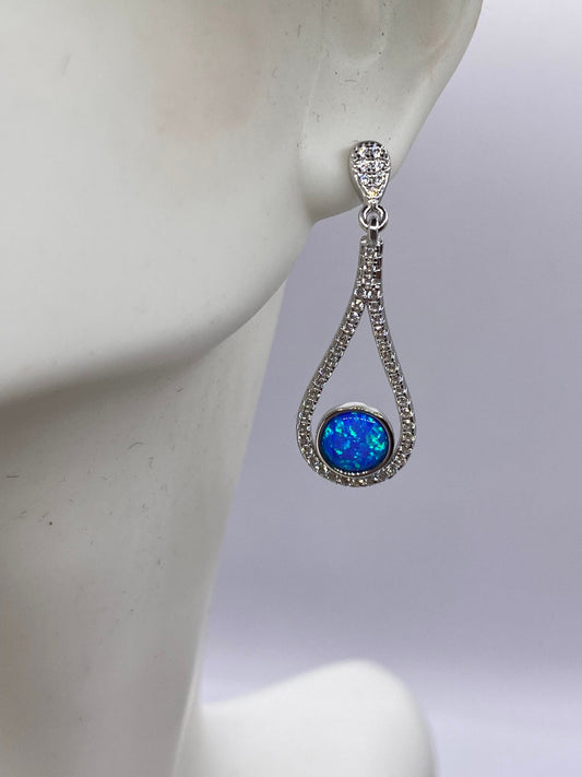 Vintage White Opal Earrings White Sapphire 925 Sterling Silver Dangle