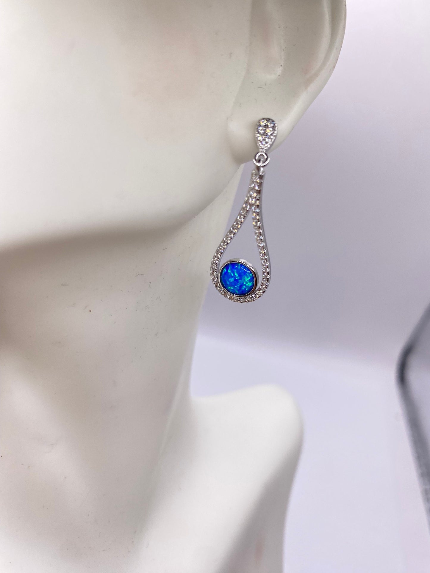 Vintage White Opal Earrings White Sapphire 925 Sterling Silver Dangle
