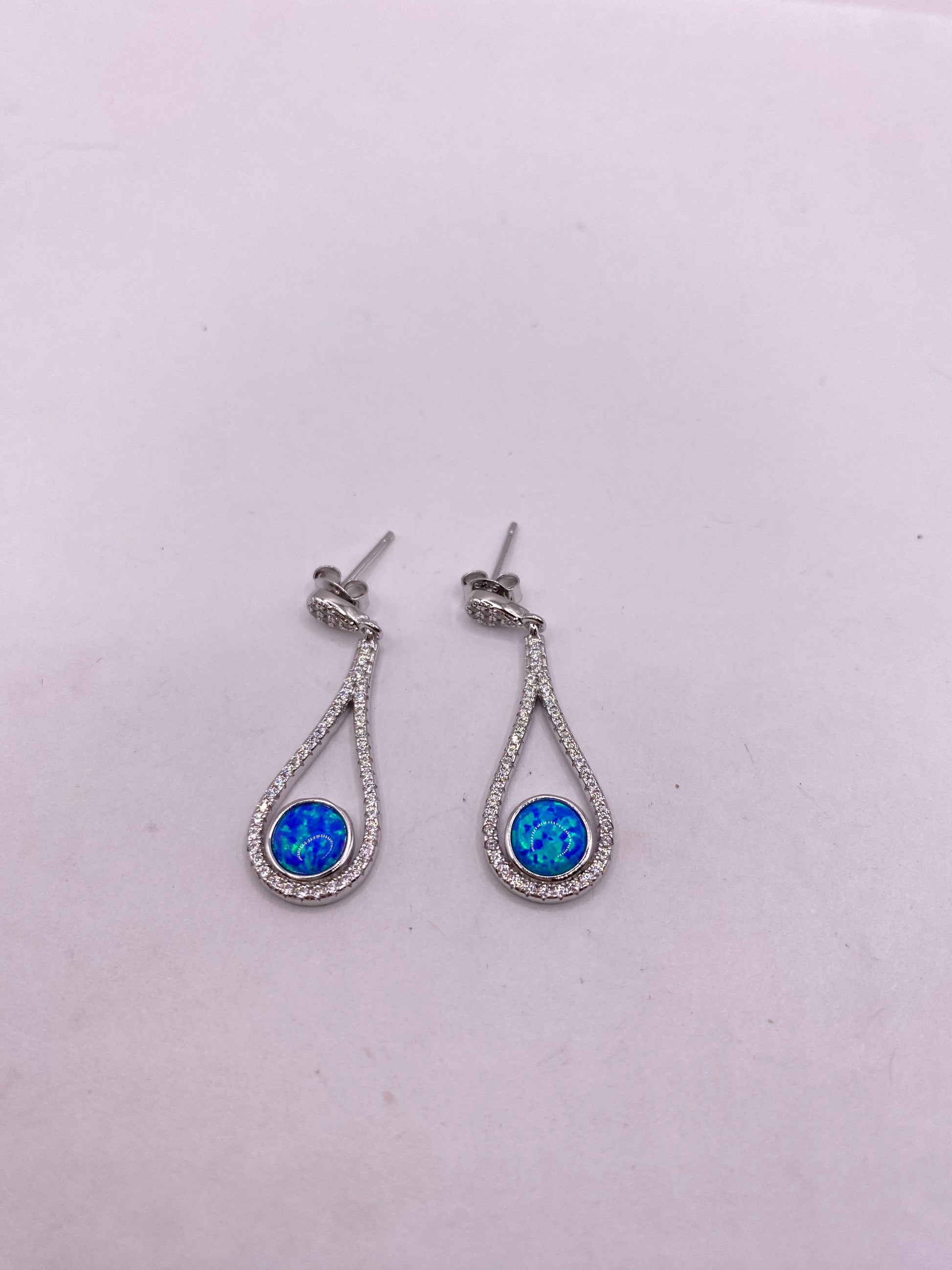 Vintage White Opal Earrings White Sapphire 925 Sterling Silver Dangle