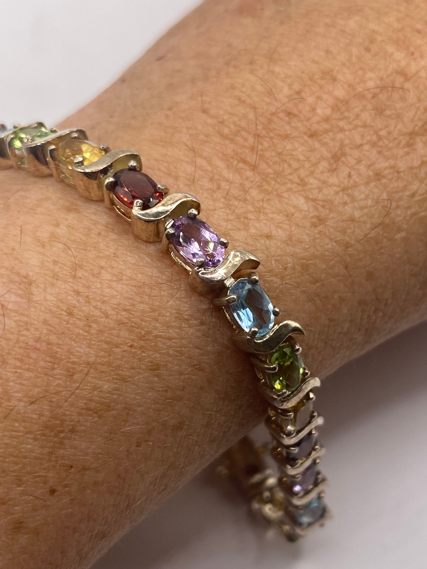 Vintage Mixed Gemstone 925 Sterling Silver Tennis Bracelet