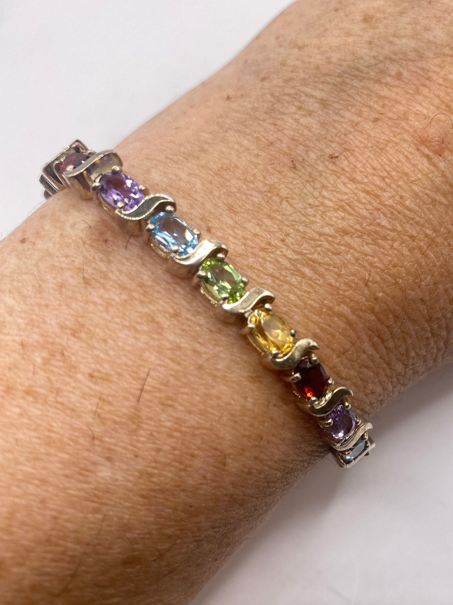 Vintage Mixed Gemstone 925 Sterling Silver Tennis Bracelet