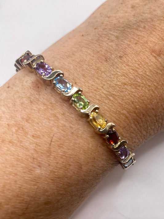 Vintage Mixed Gemstone 925 Sterling Silver Tennis Bracelet