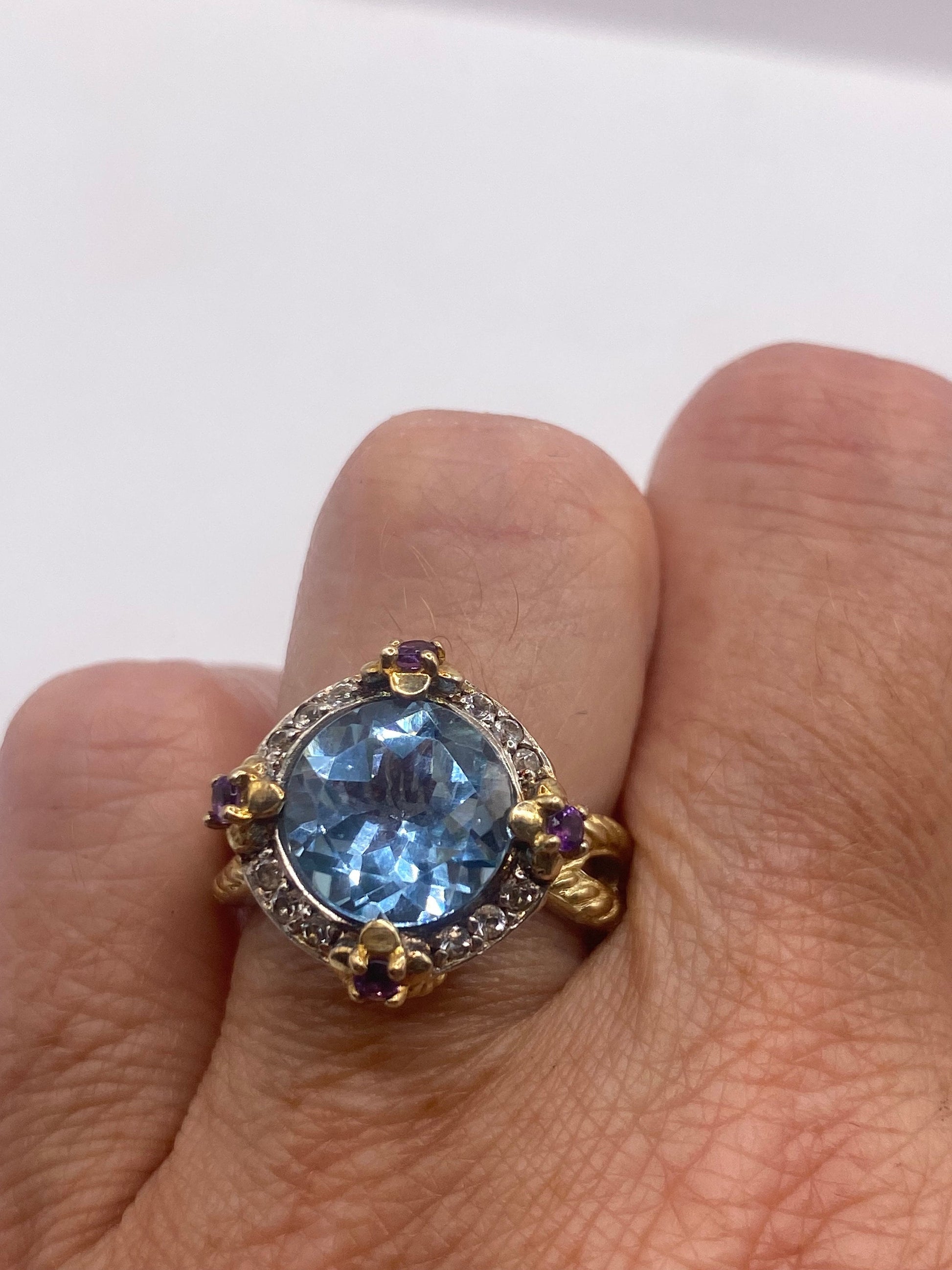 Vintage geniune blue topaz gold 925 sterling silver Cocktail Ring