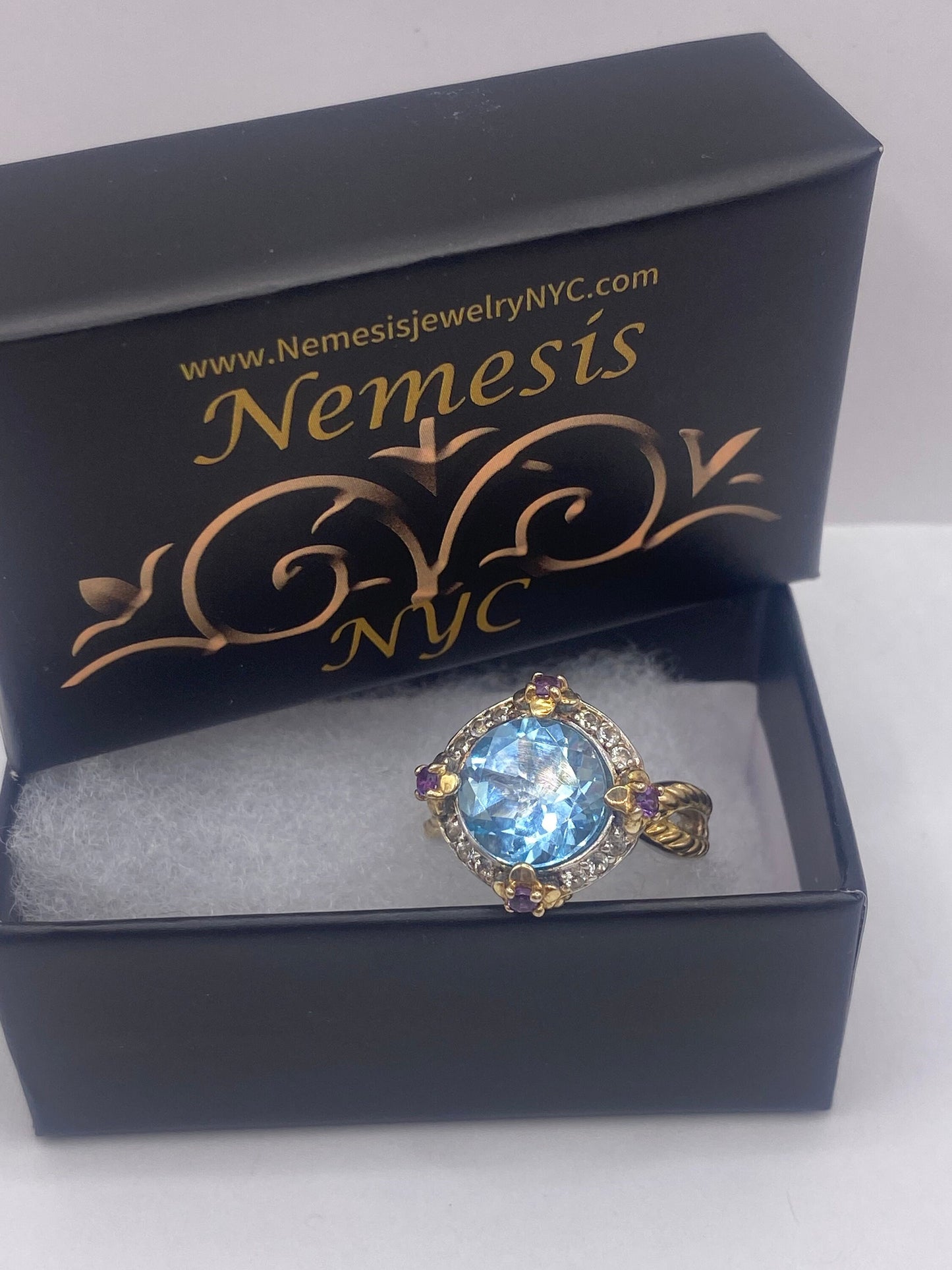 Vintage geniune blue topaz gold 925 sterling silver Cocktail Ring