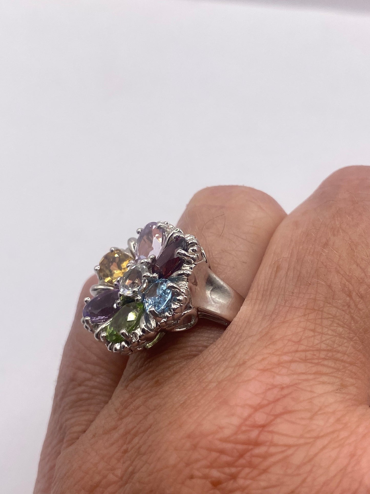 Vintage Mixed Genuine Gemstones 925 Sterling Silver Heart Cocktail Ring