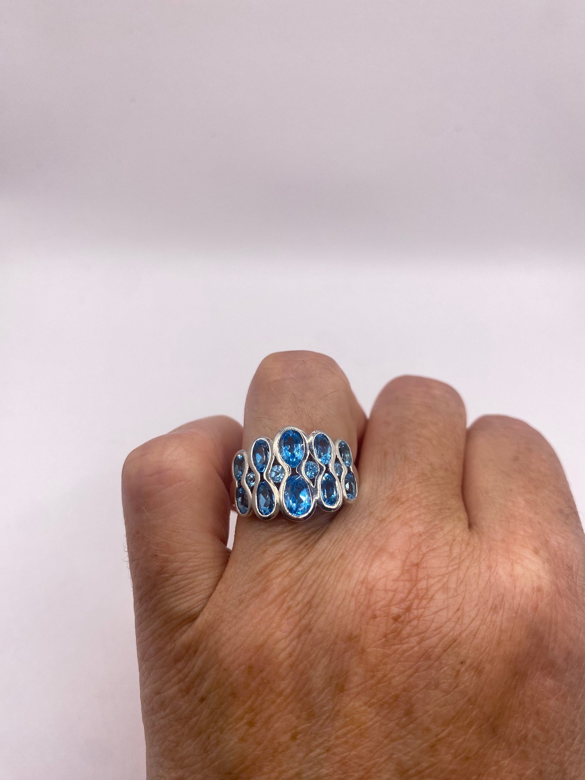 Vintage Genuine Blue Topaz 925 Sterling Silver Cocktail Ring