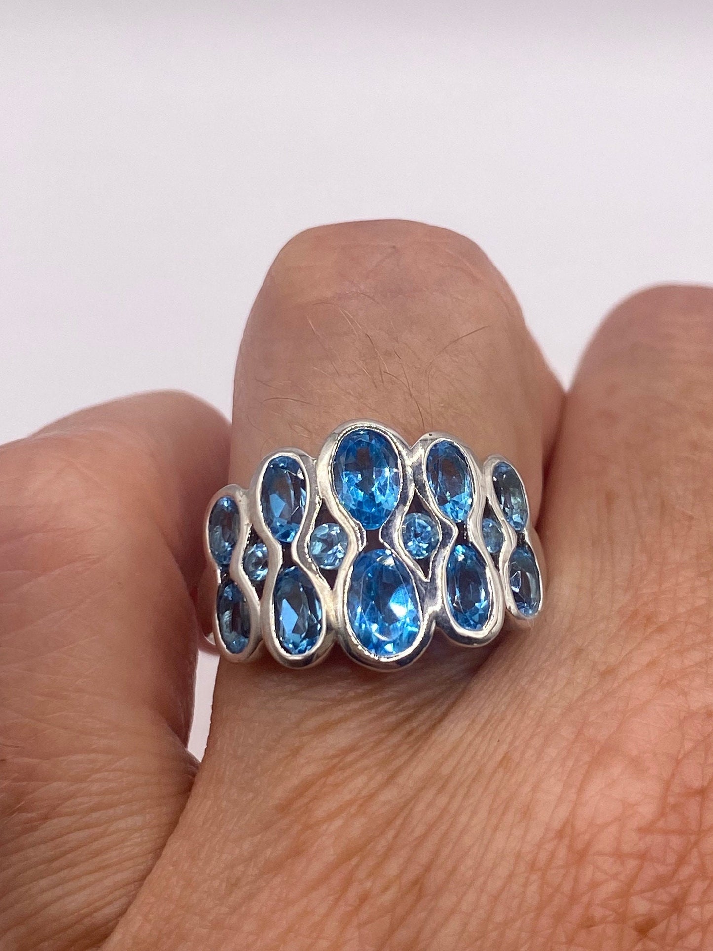 Vintage Genuine Blue Topaz 925 Sterling Silver Cocktail Ring