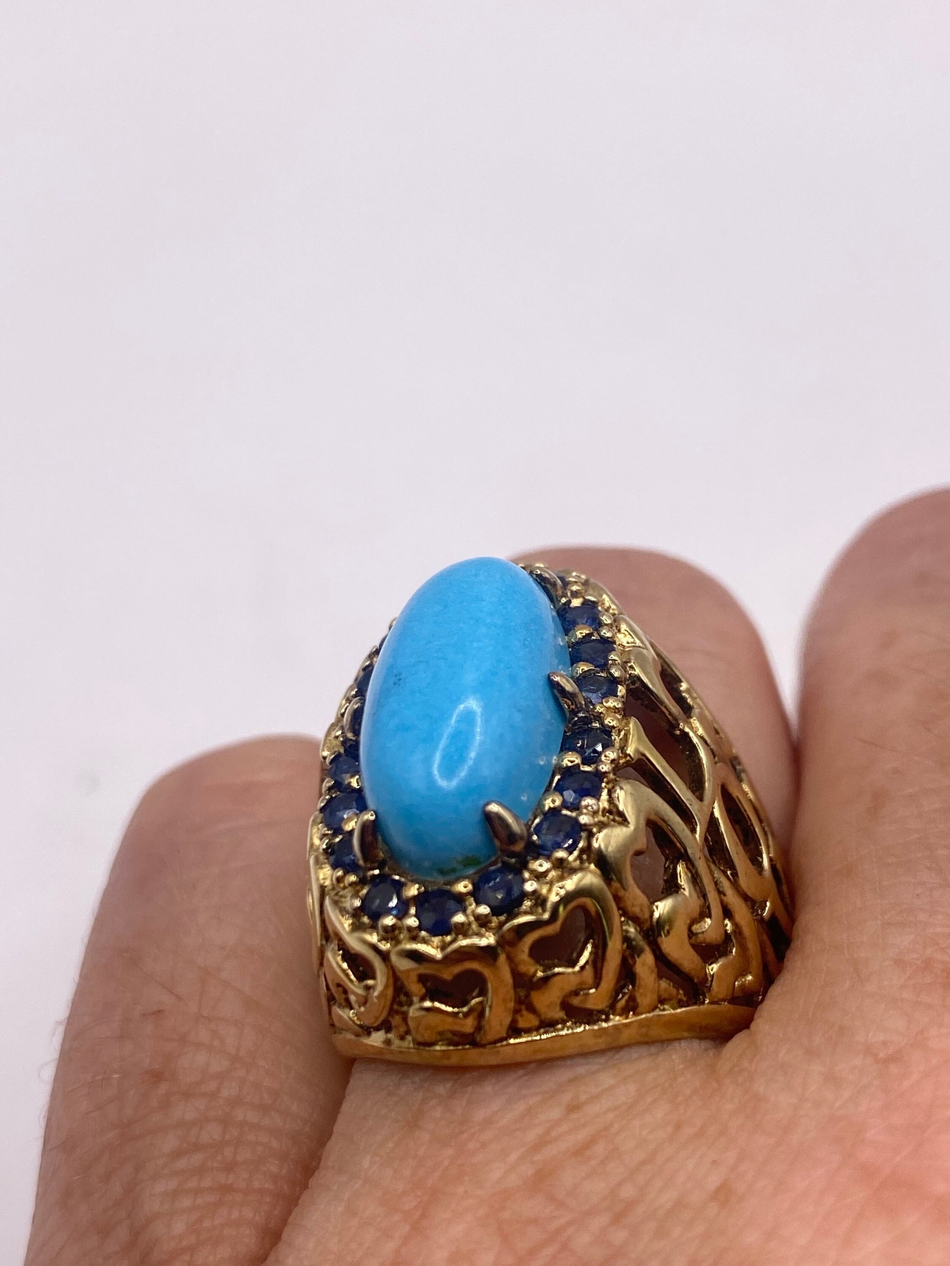 Vintage Tibetan Turquoise Gold 925 Sterling Silver Ring