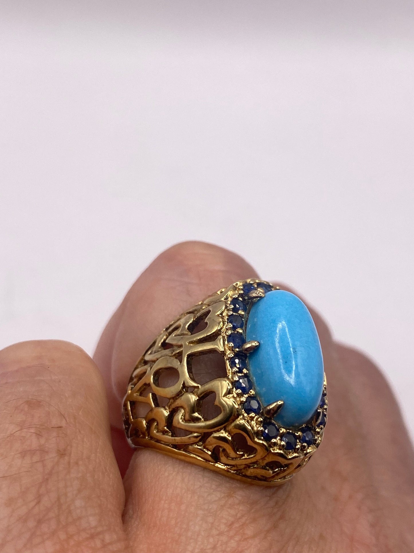 Vintage Tibetan Turquoise Gold 925 Sterling Silver Ring