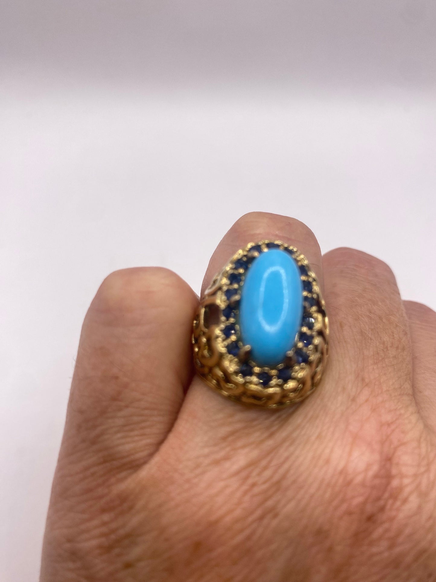 Vintage Tibetan Turquoise Gold 925 Sterling Silver Ring