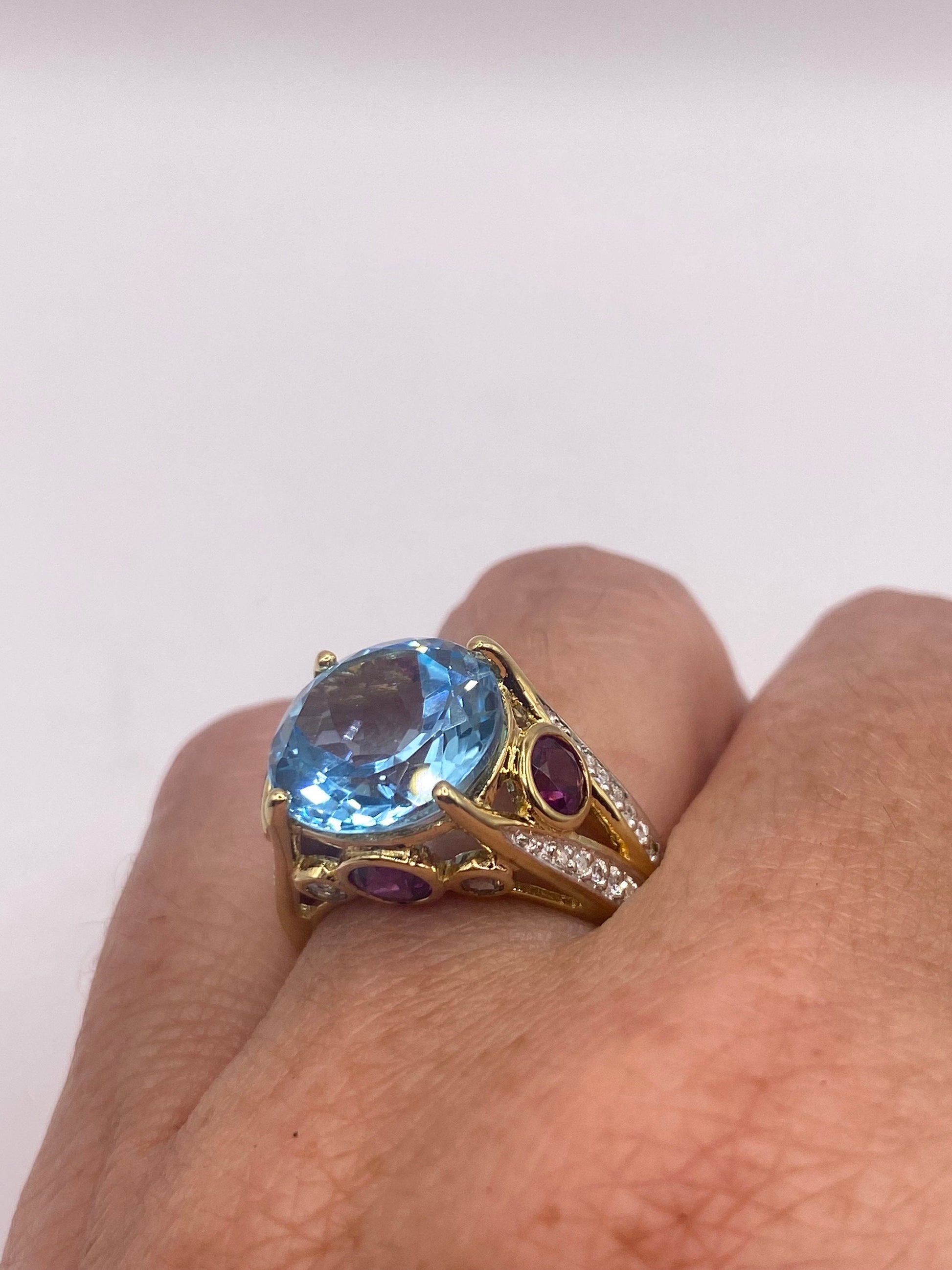 Vintage Genuine Blue Topaz Red Tourmaline 925 Sterling Silver Cocktail Ring