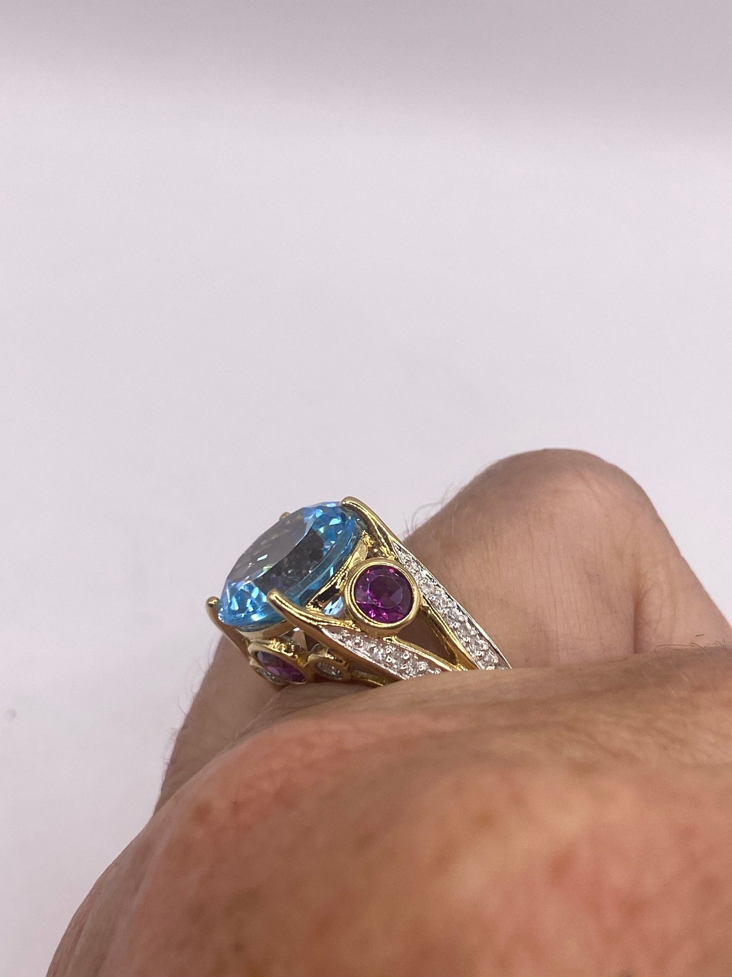 Vintage Genuine Blue Topaz Red Tourmaline 925 Sterling Silver Cocktail Ring