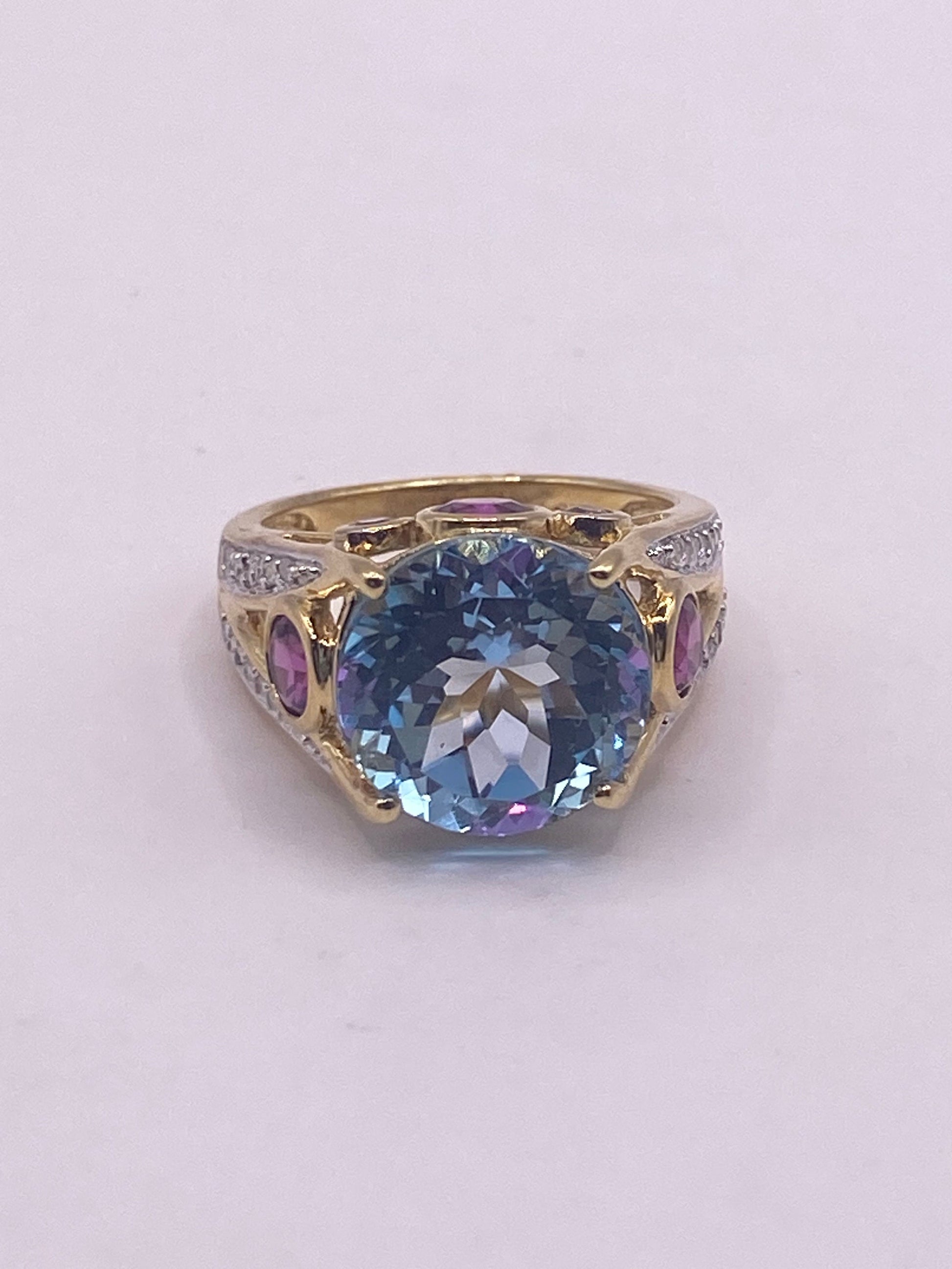 Vintage Genuine Blue Topaz Red Tourmaline 925 Sterling Silver Cocktail Ring