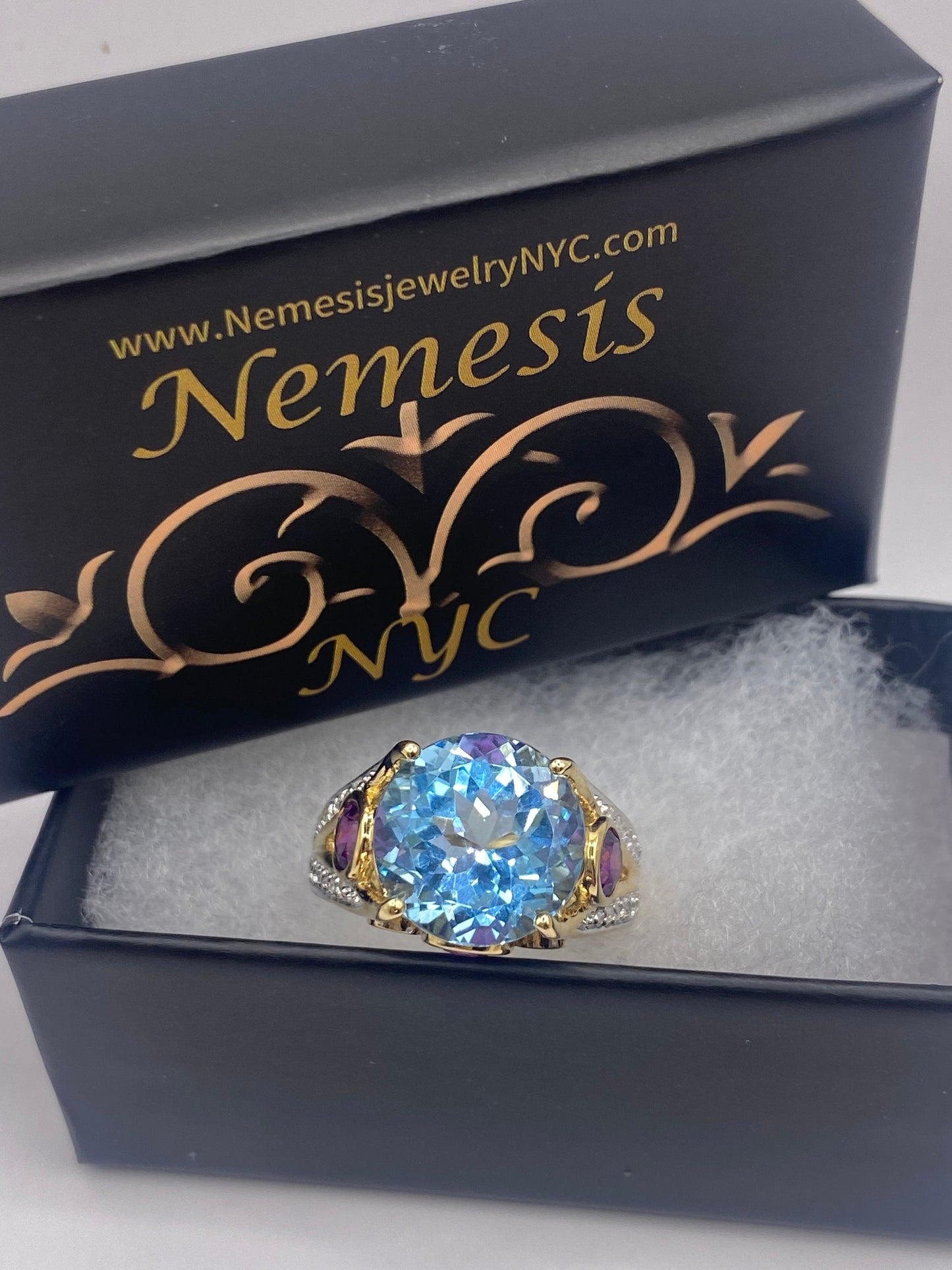 Vintage Genuine Blue Topaz Red Tourmaline 925 Sterling Silver Cocktail Ring