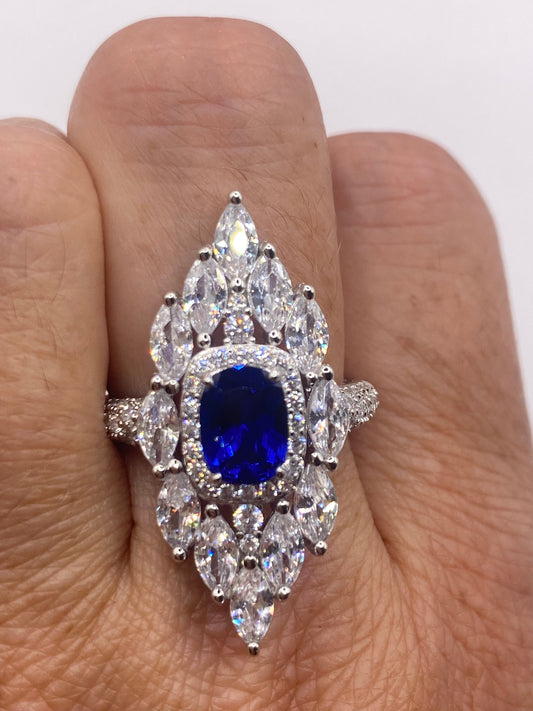 Vintage Blue Sapphire Cubic Zirconia Crystal Sterling Silver Ring Size 9