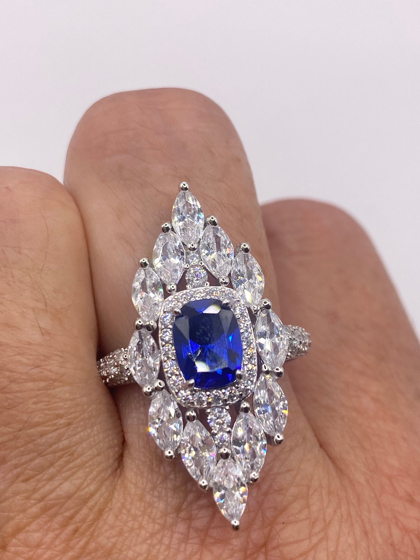 Vintage Blue Sapphire Cubic Zirconia Crystal Sterling Silver Ring Size 9