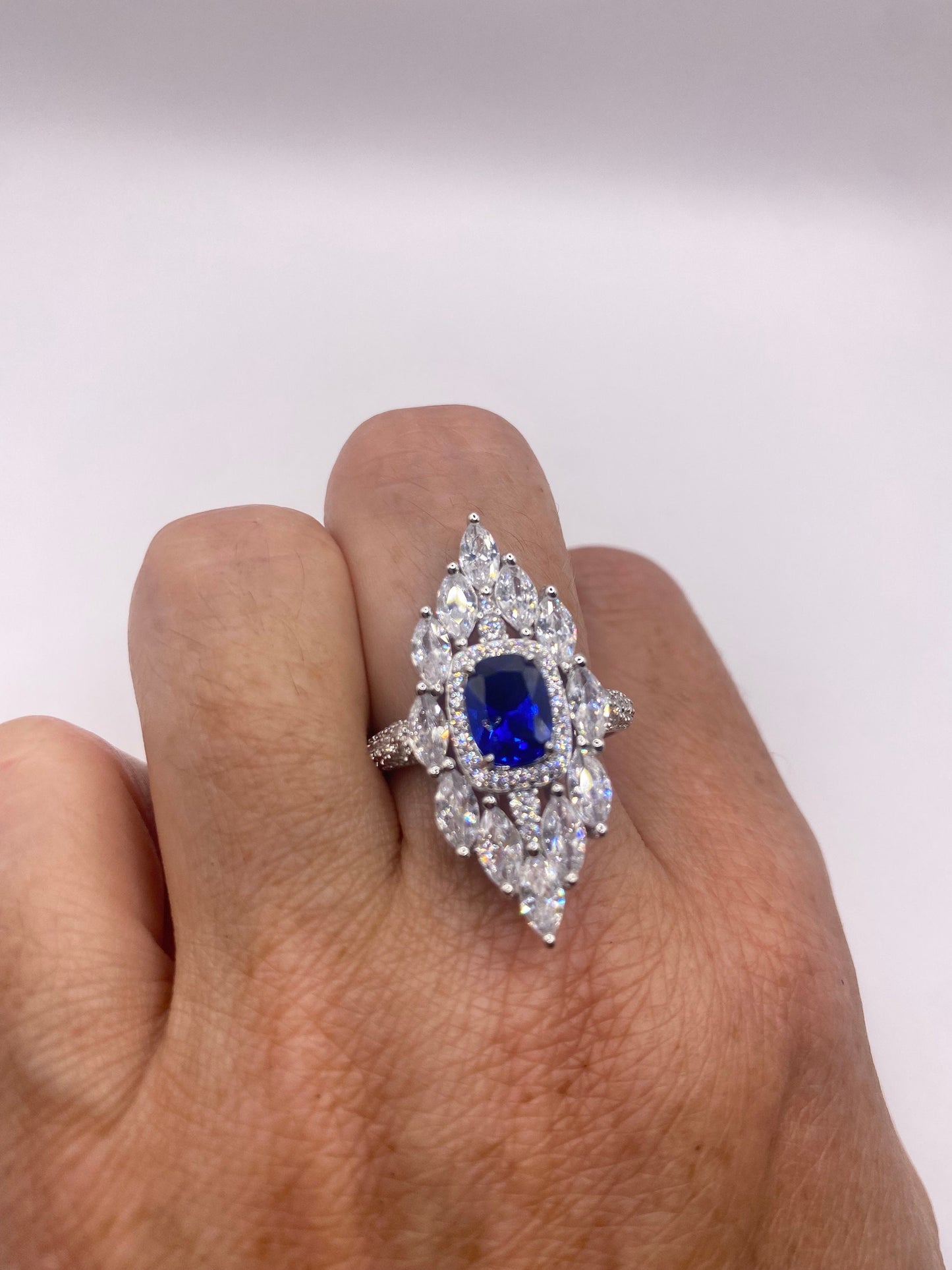 Vintage Blue Sapphire Cubic Zirconia Crystal Sterling Silver Ring Size 9