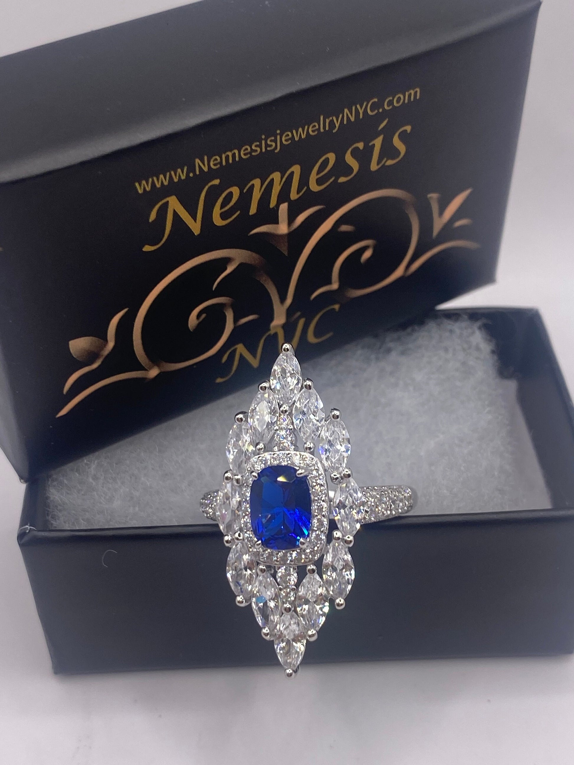 Vintage Blue Sapphire Cubic Zirconia Crystal Sterling Silver Ring Size 9