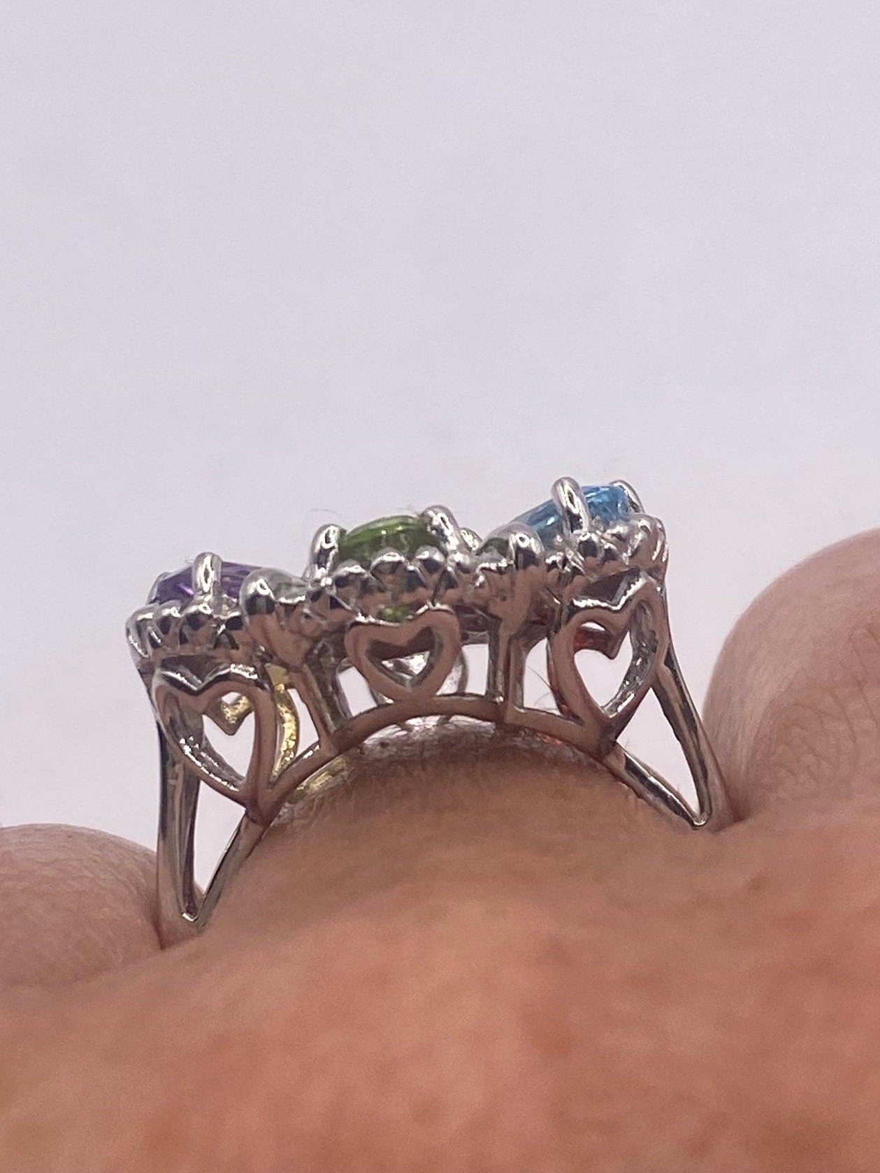 Vintage Mixed Genuine Gemstones 925 Sterling Silver Heart Cocktail Ring