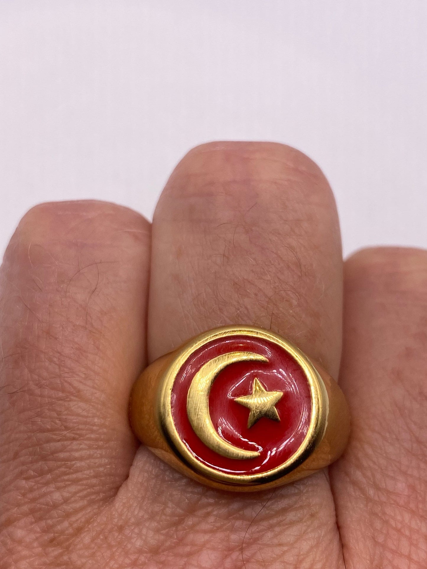 Vintage Golden Stainless Steel Muslim Star Cresant Mens Ring