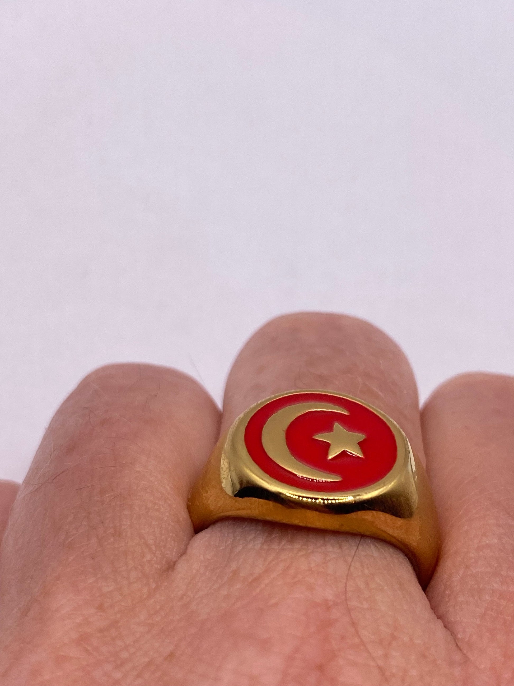 Vintage Golden Stainless Steel Muslim Star Cresant Mens Ring