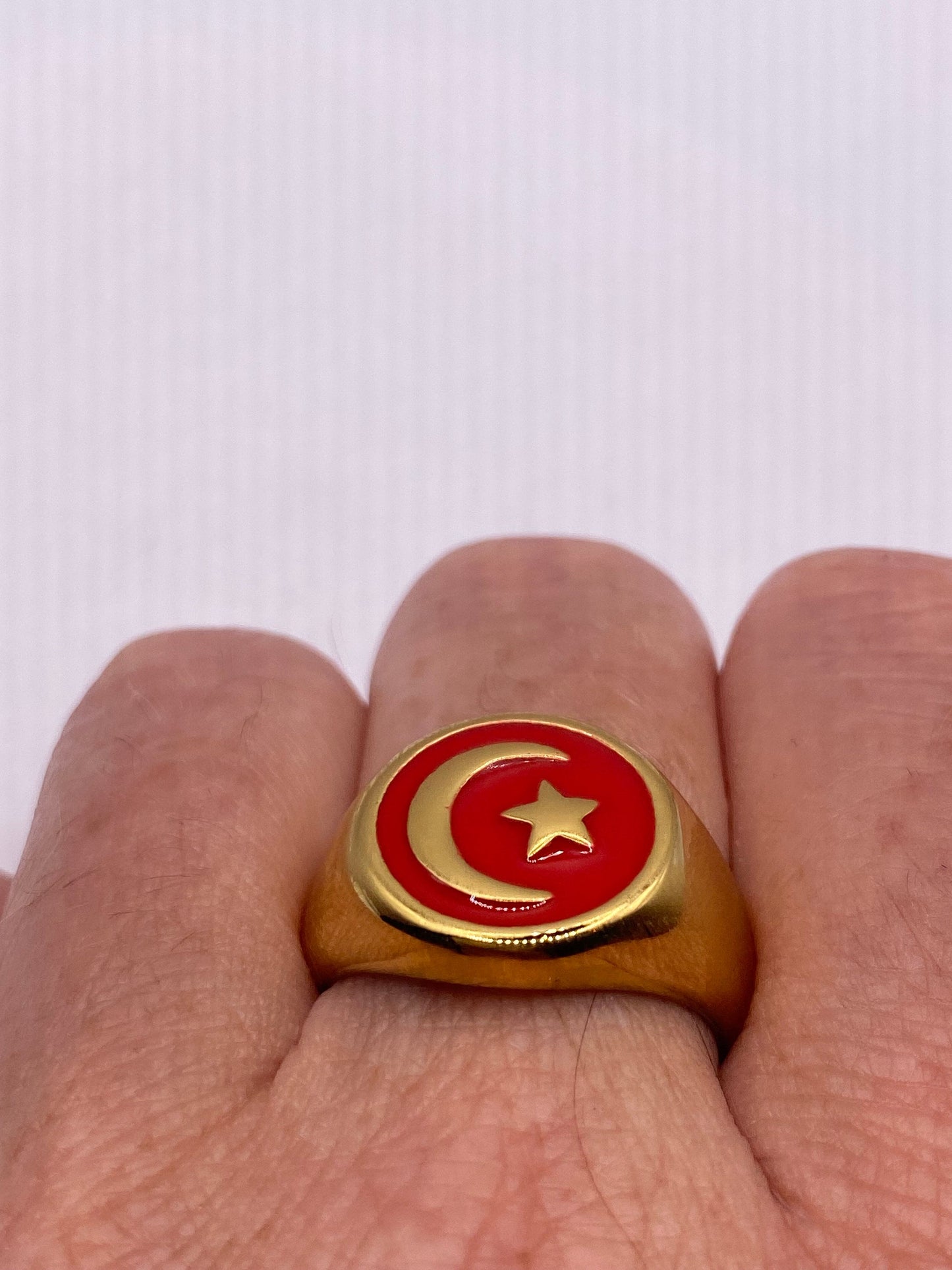Vintage Golden Stainless Steel Muslim Star Cresant Mens Ring