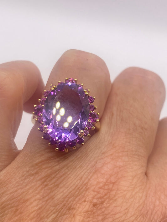 Vintage Purple Amethyst Red Tourmaline Gold 925 Sterling Silver Cocktail Ring