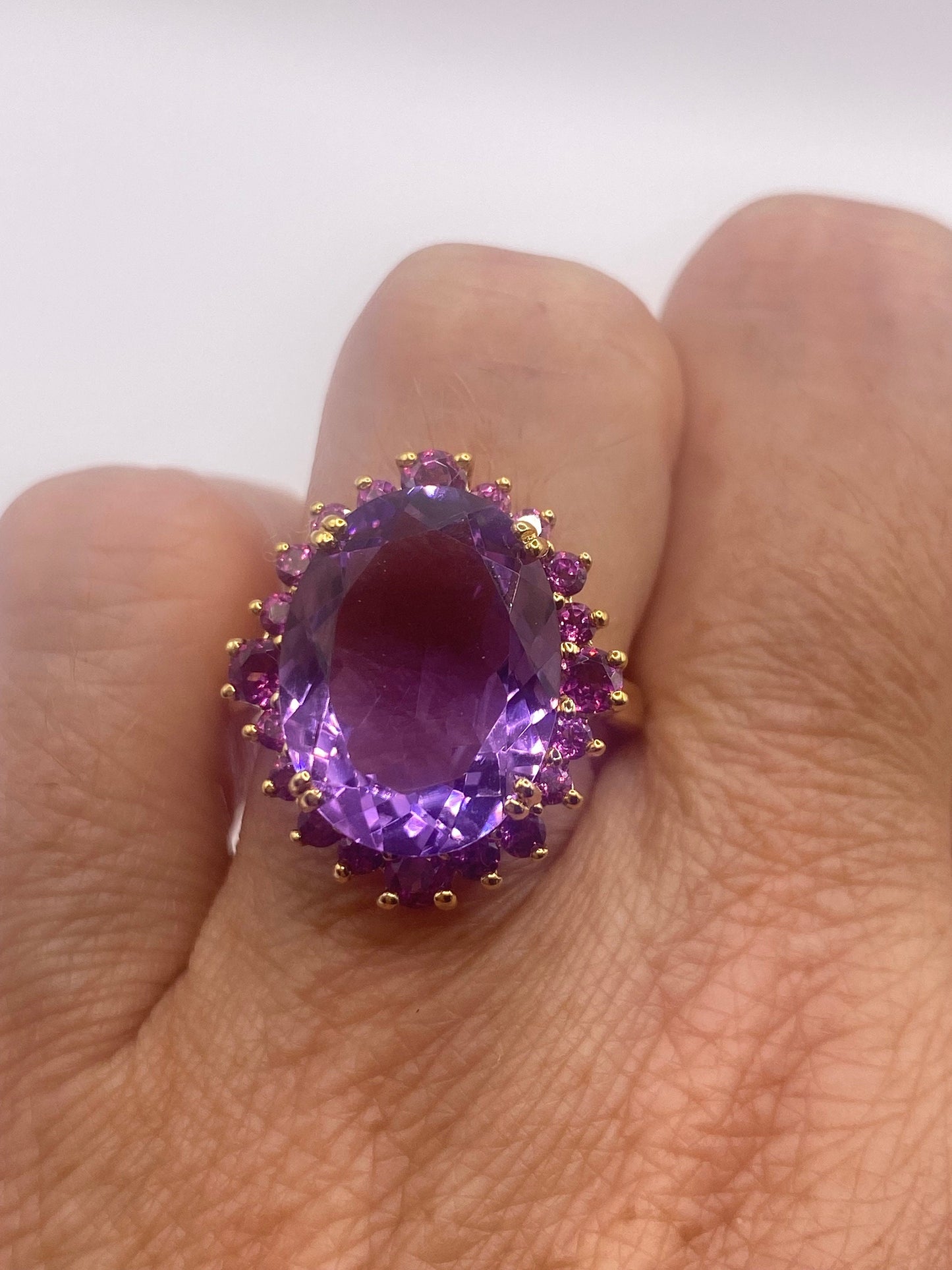 Vintage Purple Amethyst Red Tourmaline Gold 925 Sterling Silver Cocktail Ring