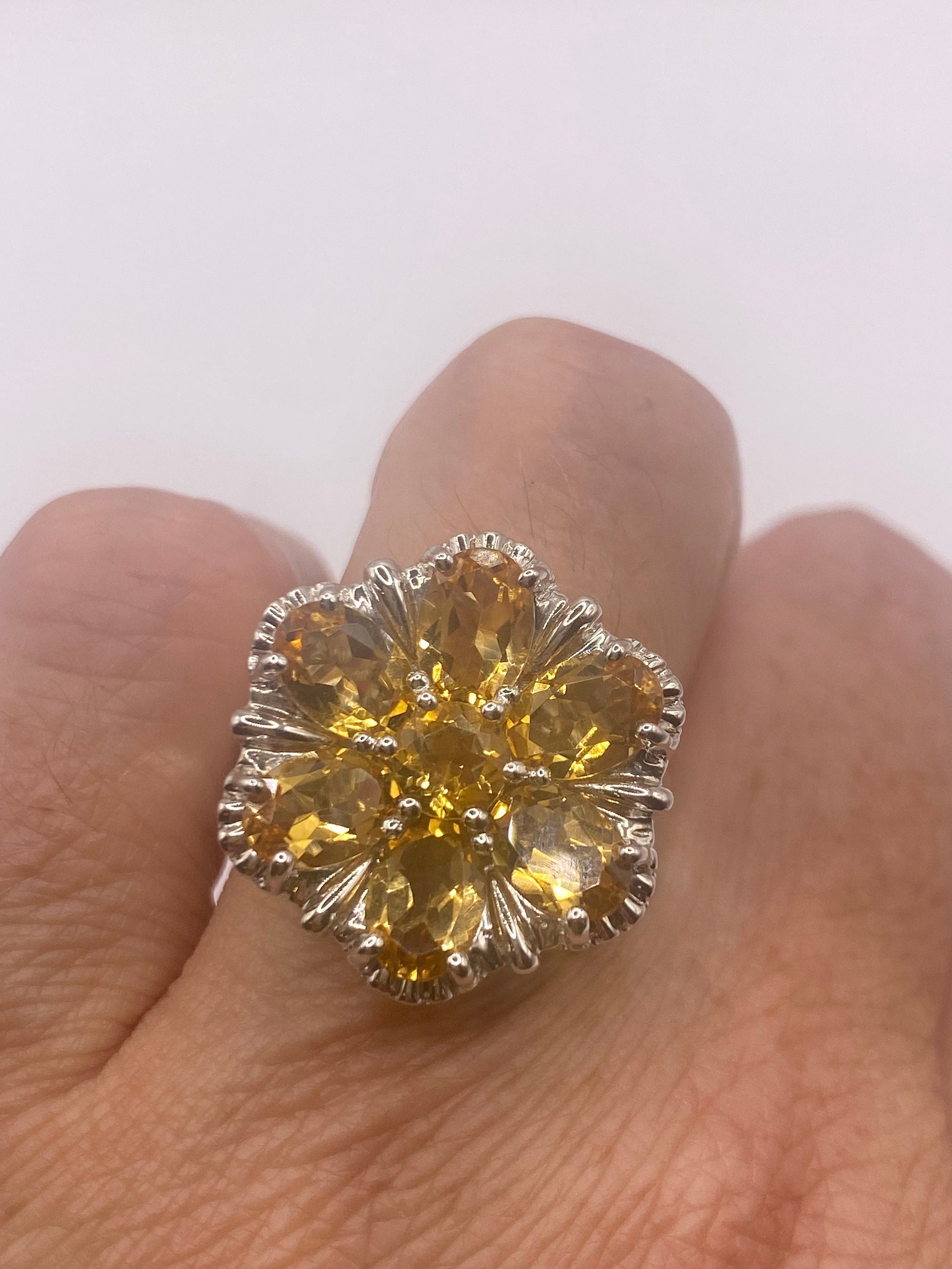 Vintage Golden Citrine and White Sapphire 925 Sterling Silver Ring