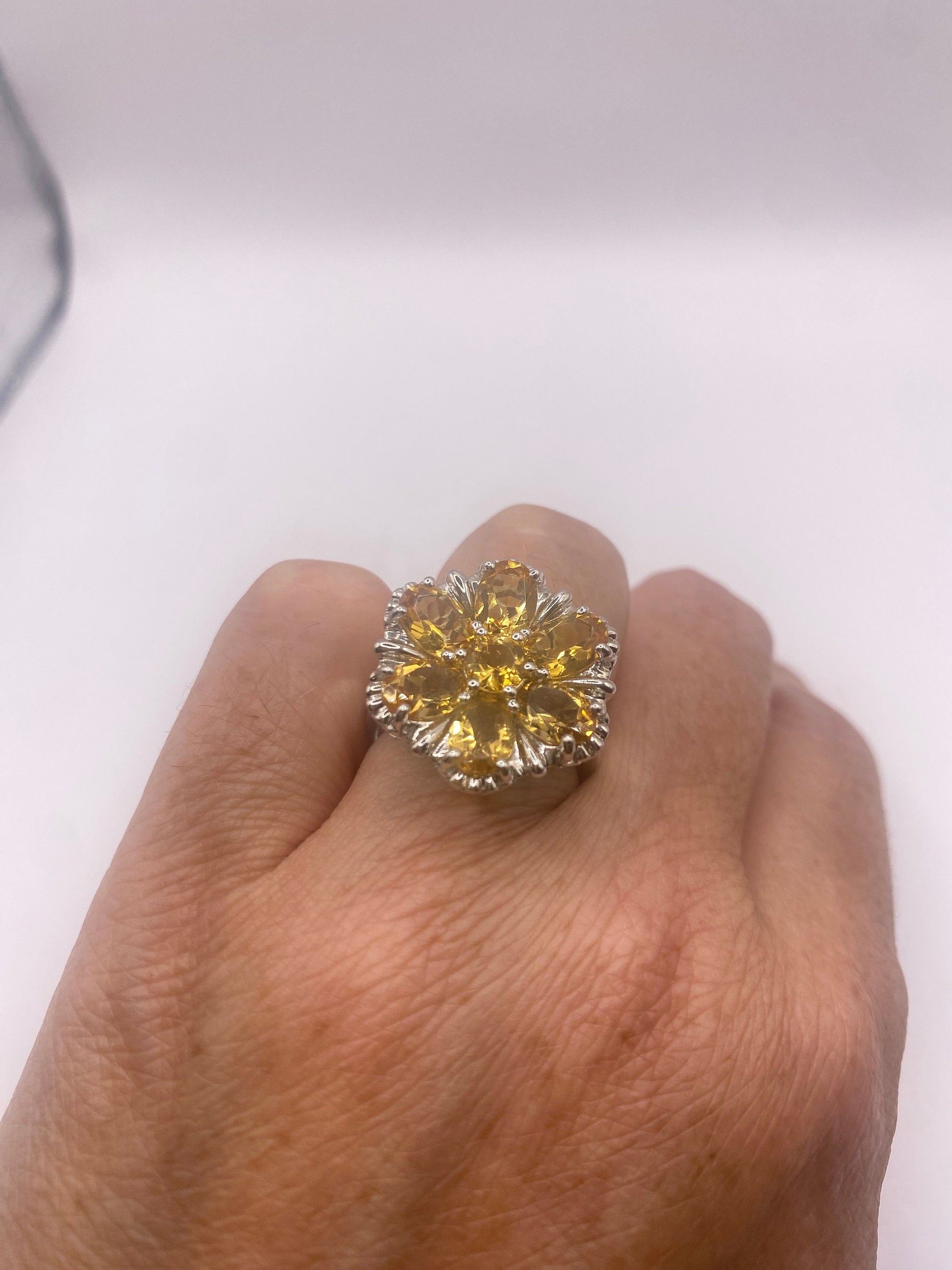 Vintage Golden Citrine and White Sapphire 925 Sterling Silver Ring