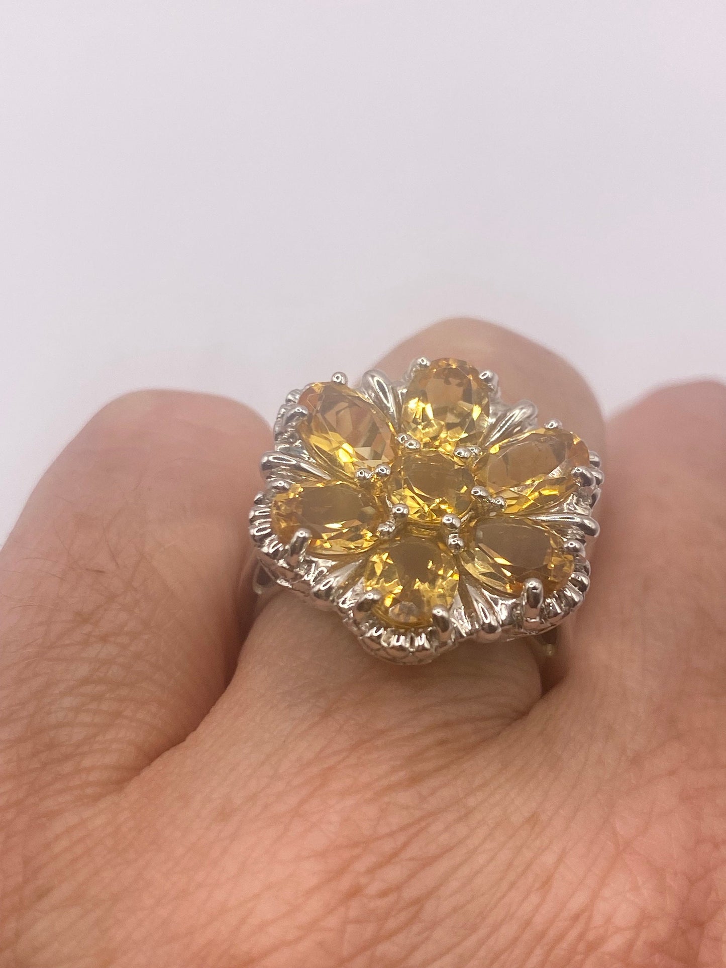 Vintage Golden Citrine and White Sapphire 925 Sterling Silver Ring