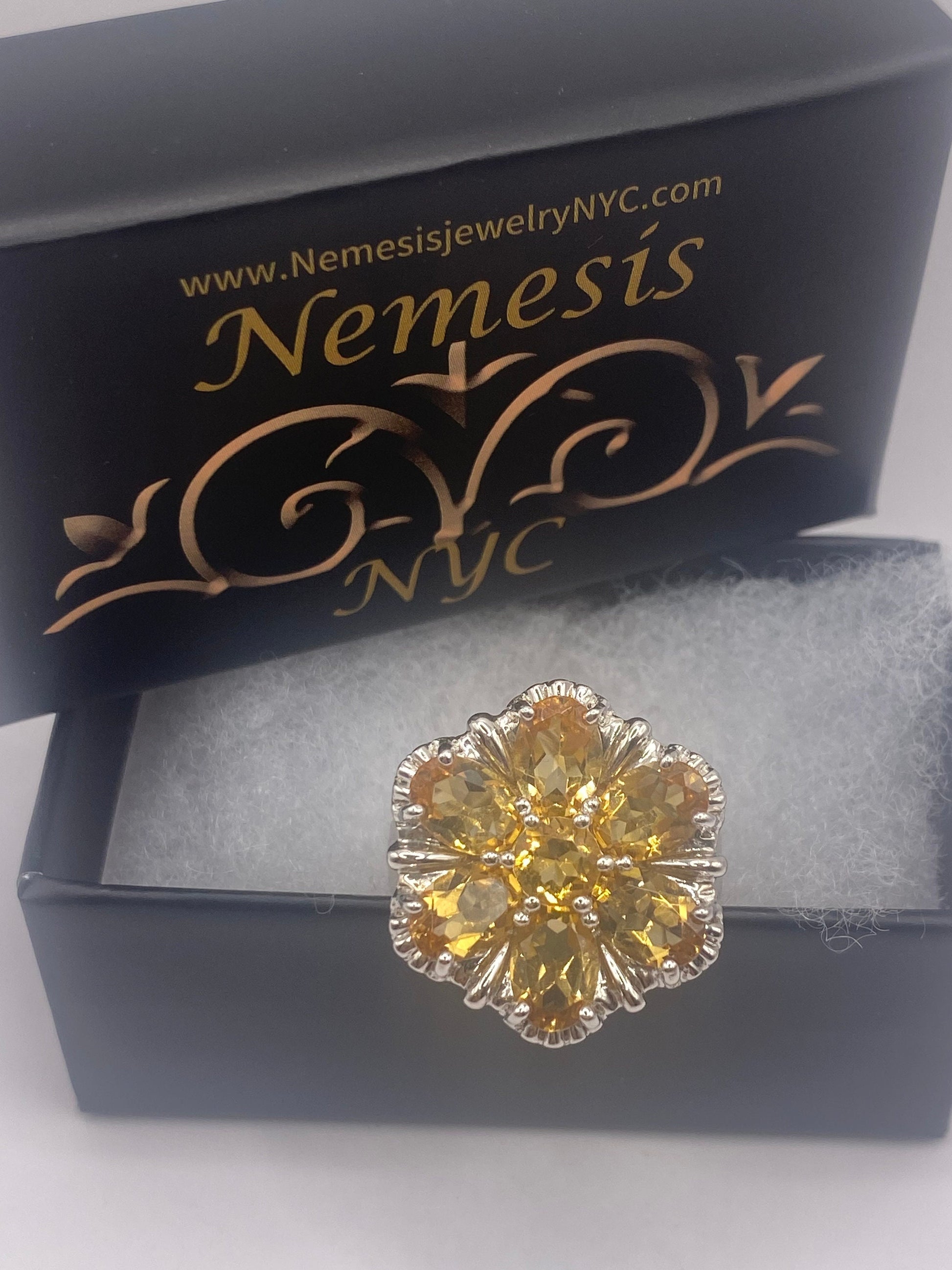 Vintage Golden Citrine and White Sapphire 925 Sterling Silver Ring