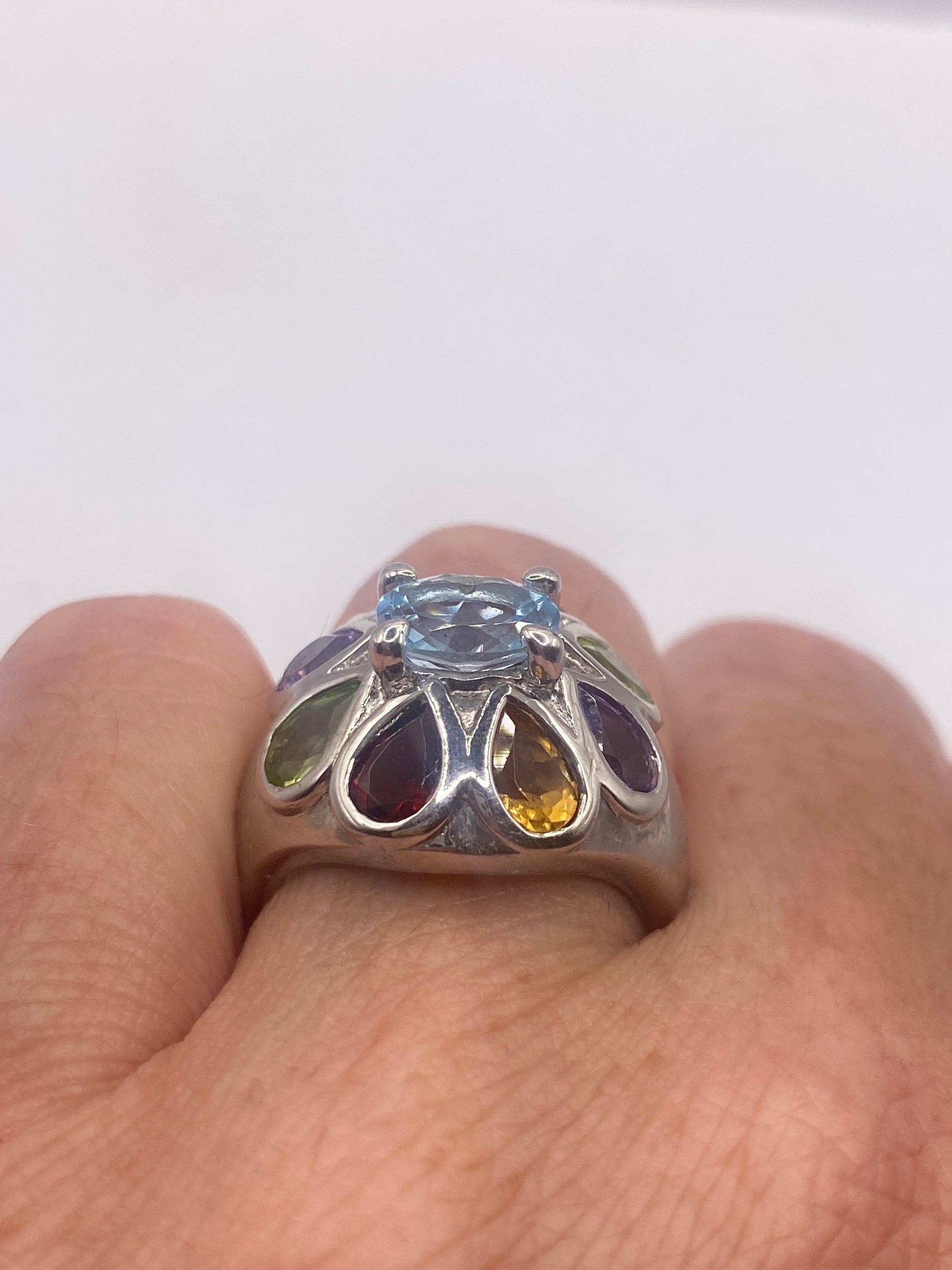 Vintage Mixed Genuine Gemstones 925 Sterling Silver Heart Cocktail Ring