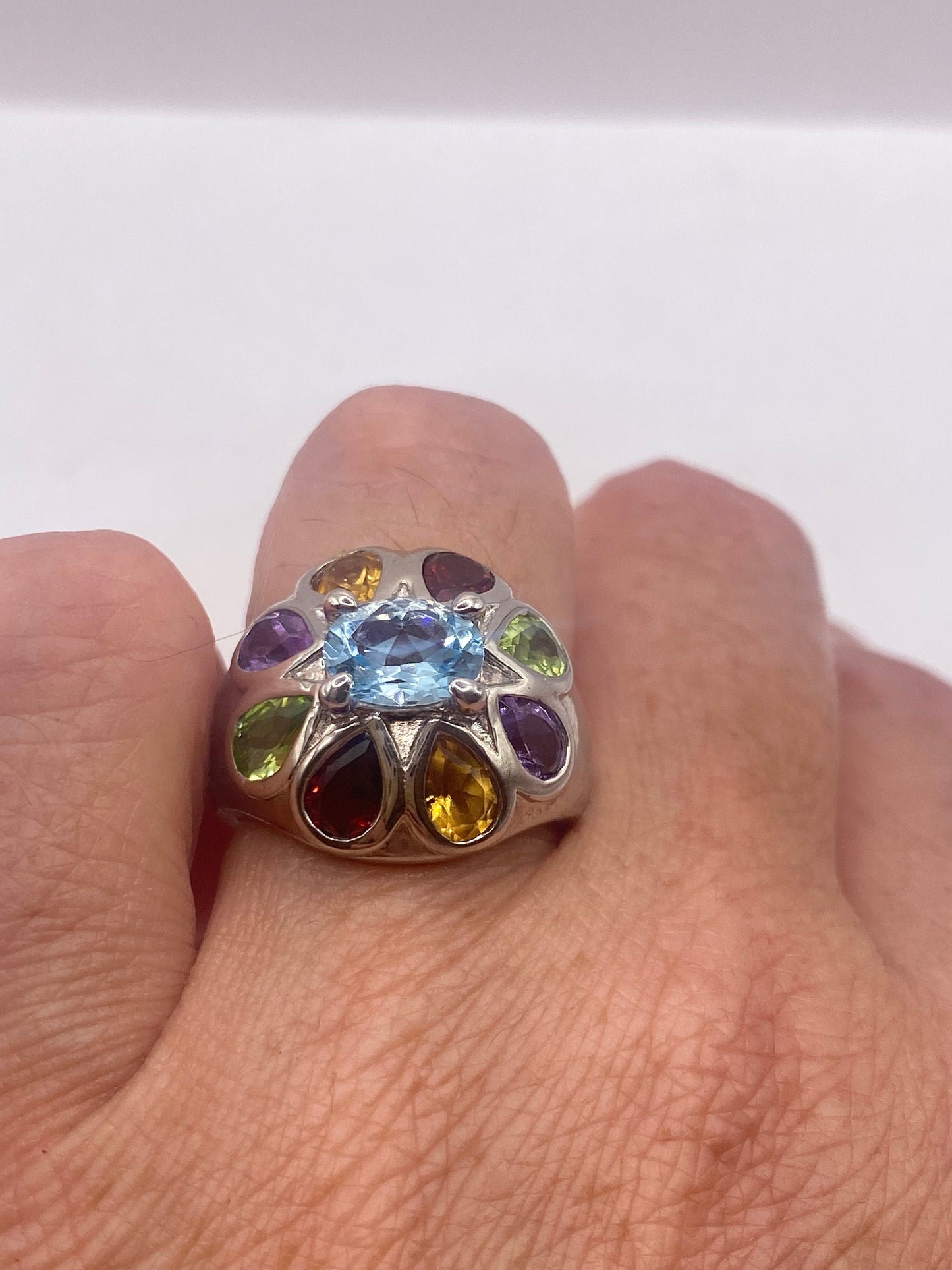 Vintage Mixed Genuine Gemstones 925 Sterling Silver Heart Cocktail Ring