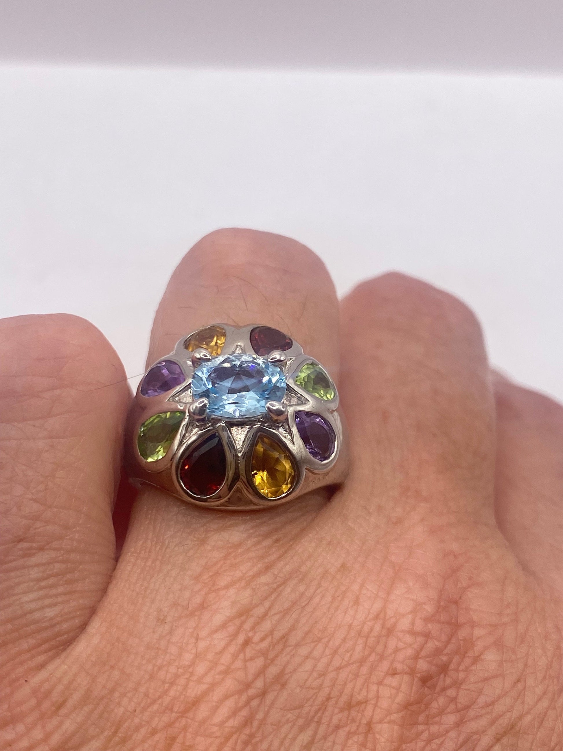 Vintage Mixed Genuine Gemstones 925 Sterling Silver Heart Cocktail Ring