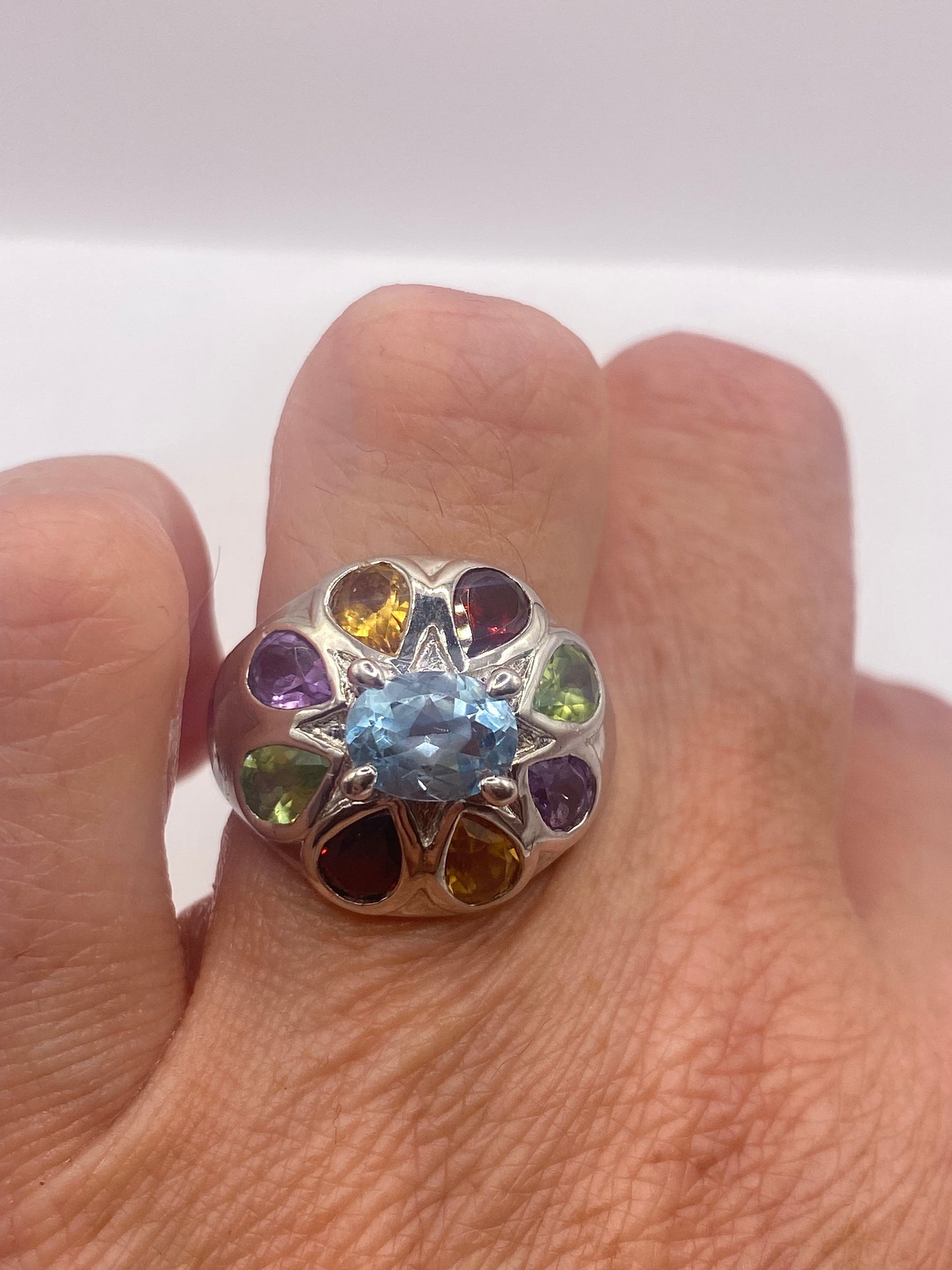 Vintage Mixed Genuine Gemstones 925 Sterling Silver Heart Cocktail Ring