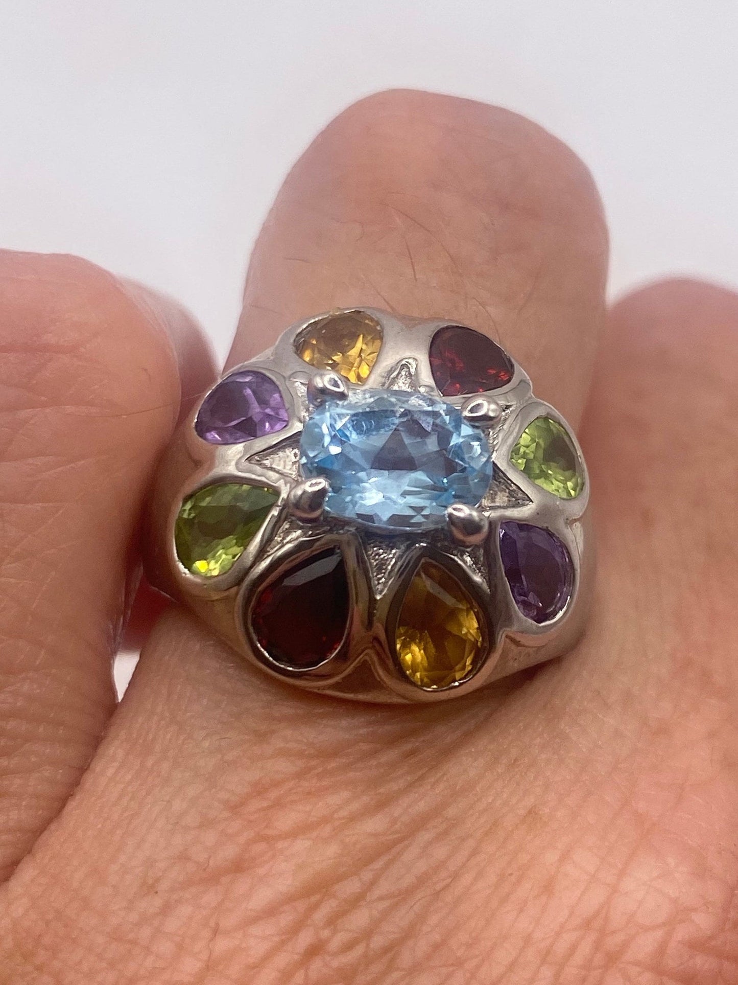 Vintage Mixed Genuine Gemstones 925 Sterling Silver Heart Cocktail Ring
