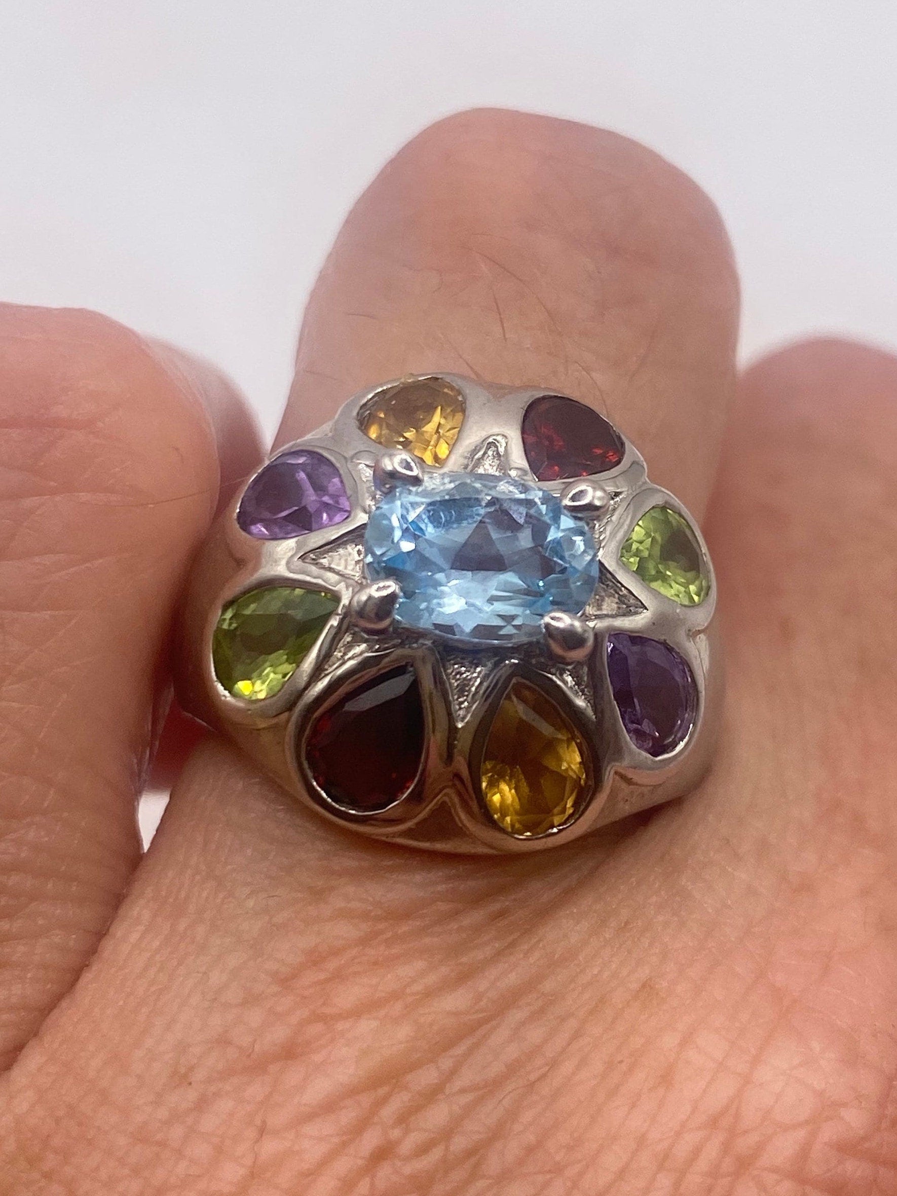 Vintage Mixed Genuine Gemstones 925 Sterling Silver Heart Cocktail Ring