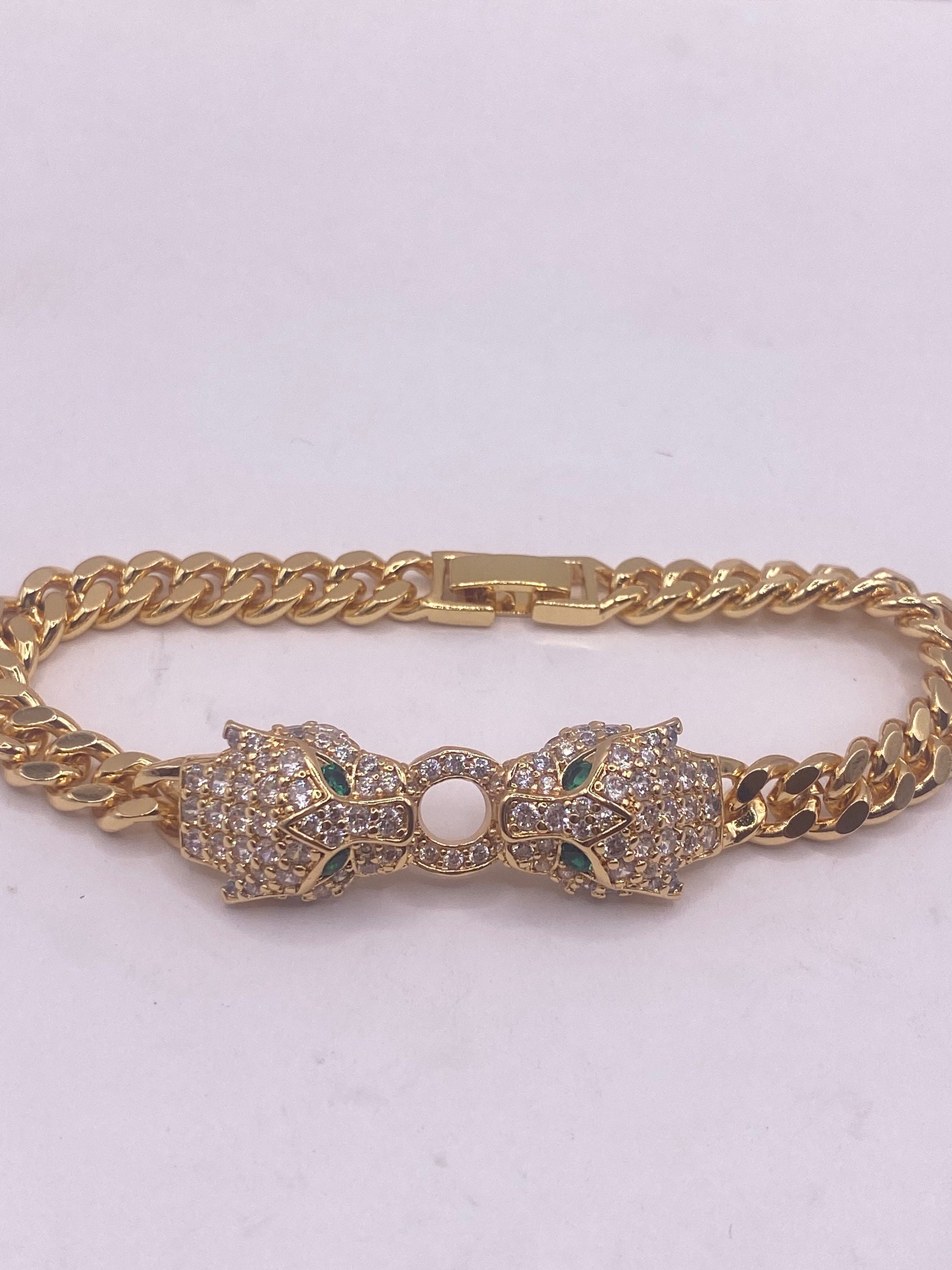 Vintage Cougar Cat Bangle Bracelet Gold filled Green Crystal Eyes
