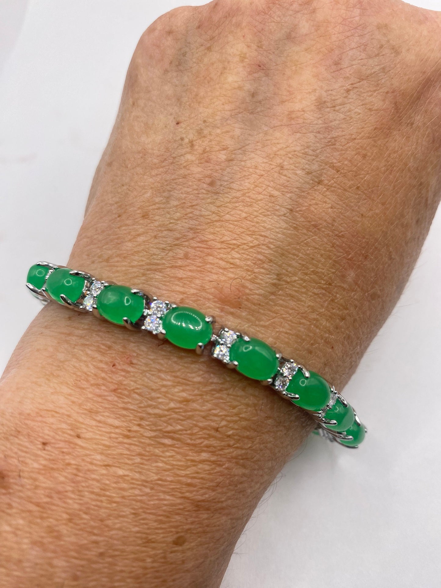 Vintage Green Jade Bracelet Silver White Bronze