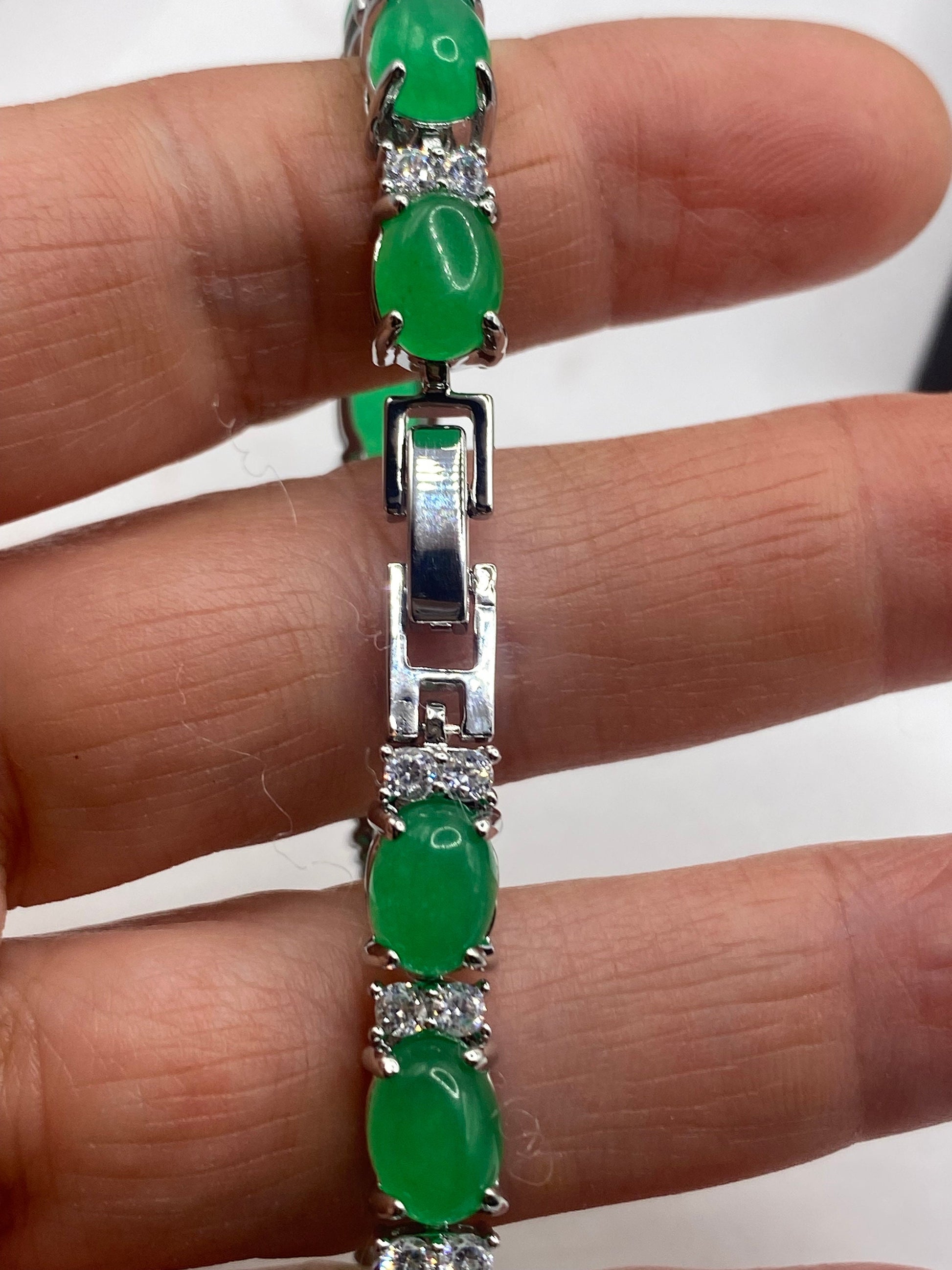Vintage Green Jade Bracelet Silver White Bronze