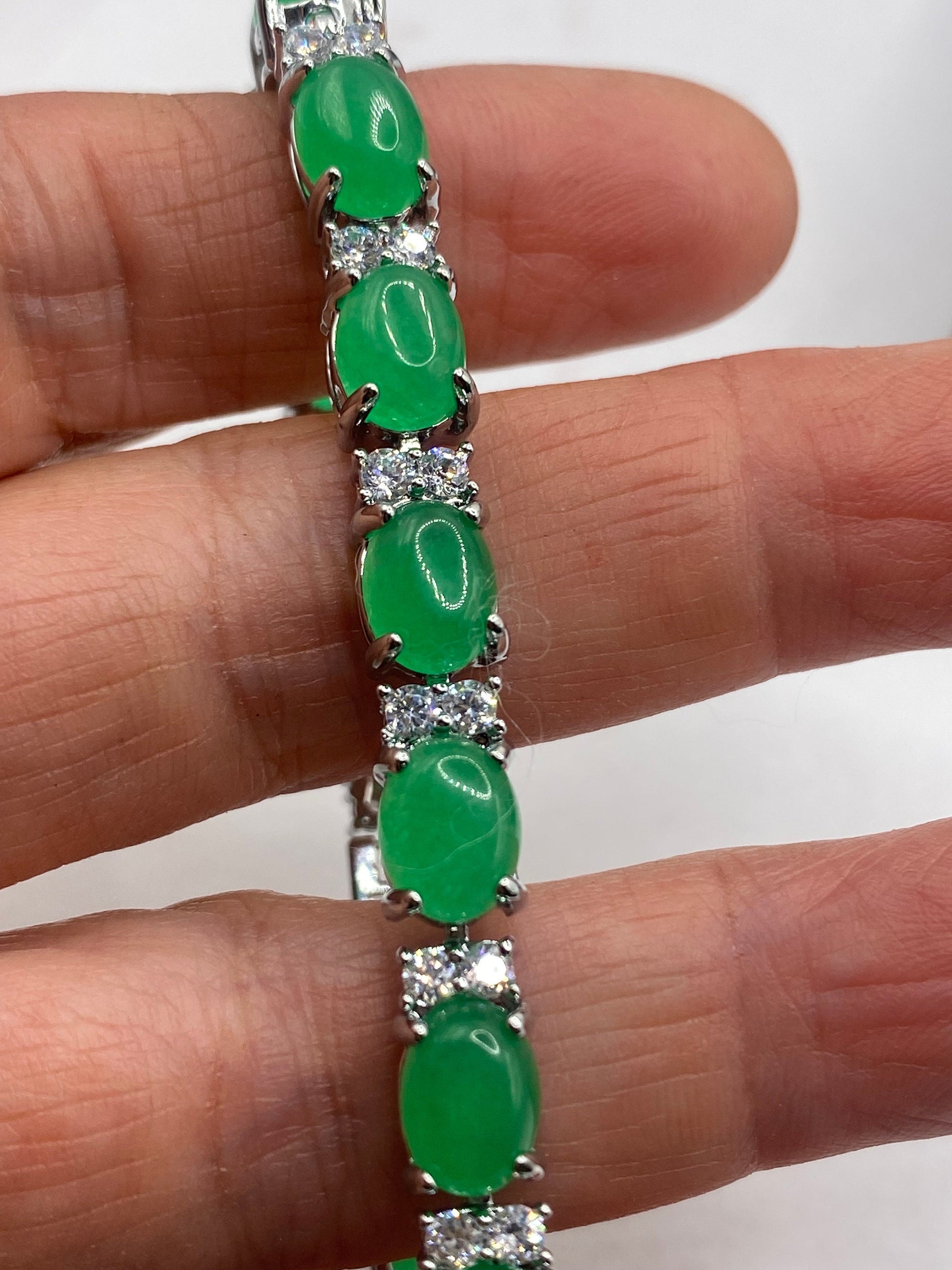 Vintage Green Jade Bracelet Silver White Bronze