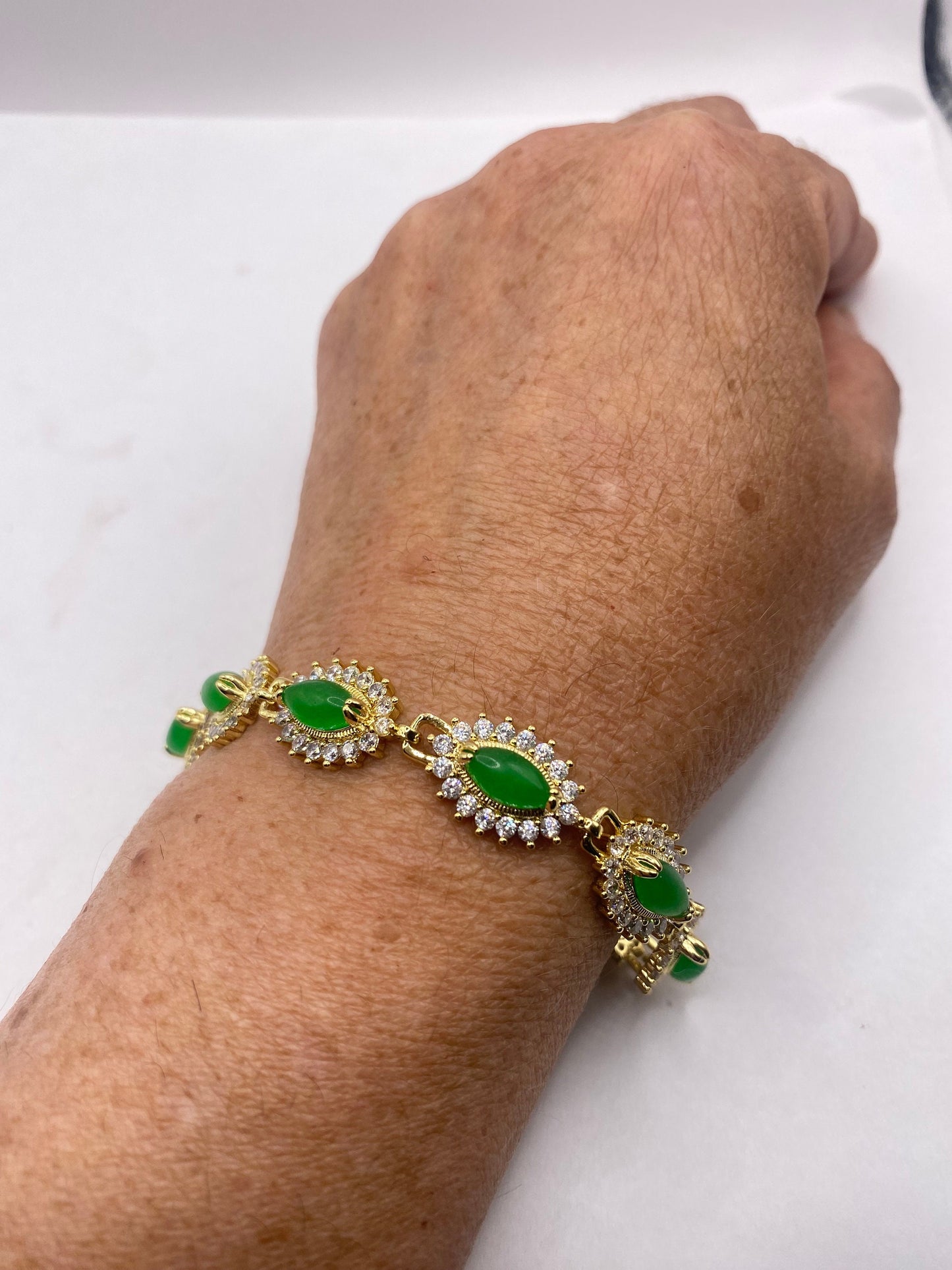 Vintage Green Jade Bracelet Gold Bronze