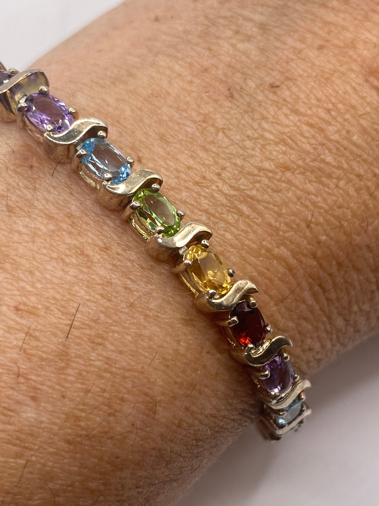 Vintage Mixed Gemstone 925 Sterling Silver Tennis Bracelet