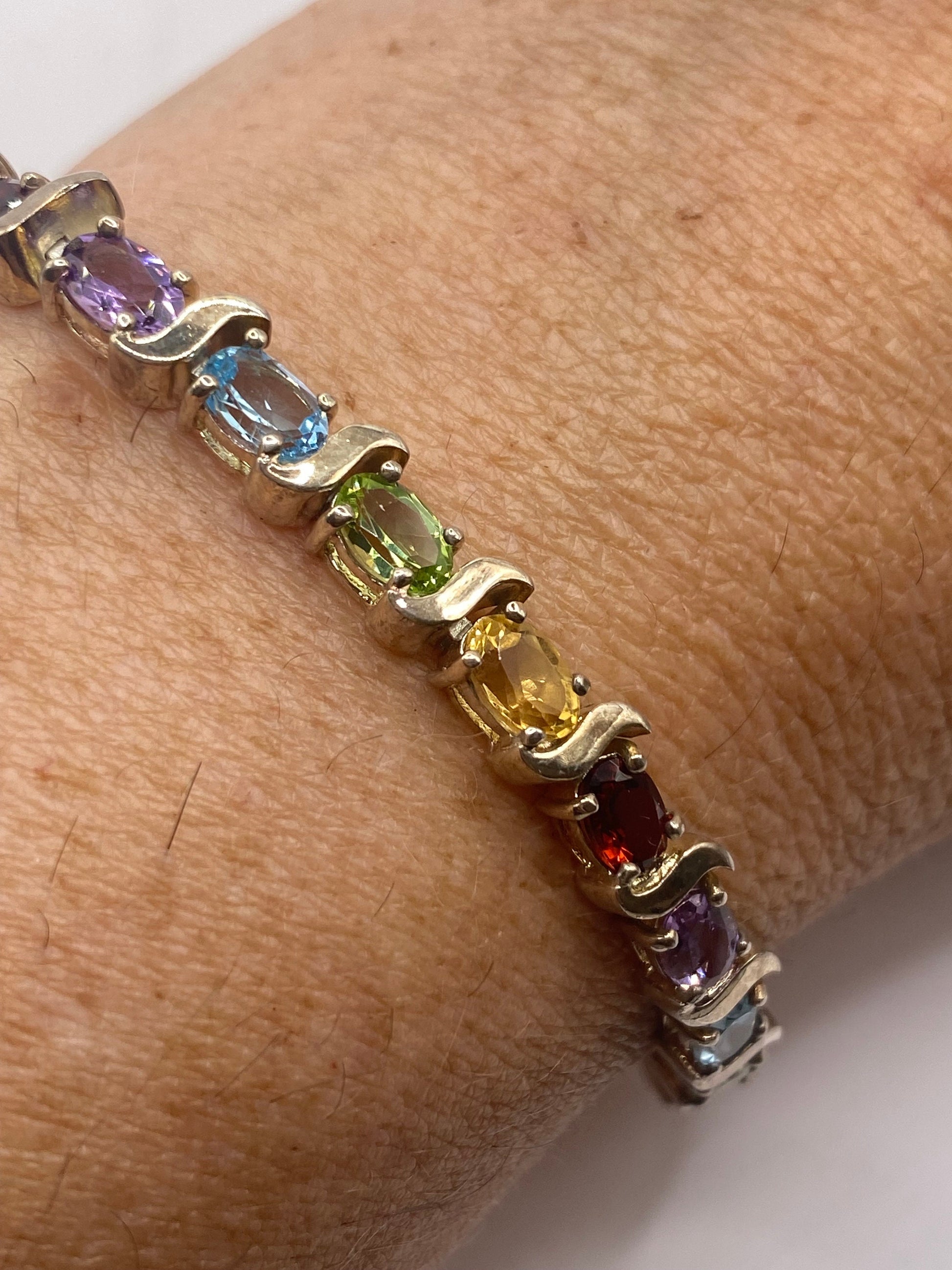Vintage Mixed Gemstone 925 Sterling Silver Tennis Bracelet