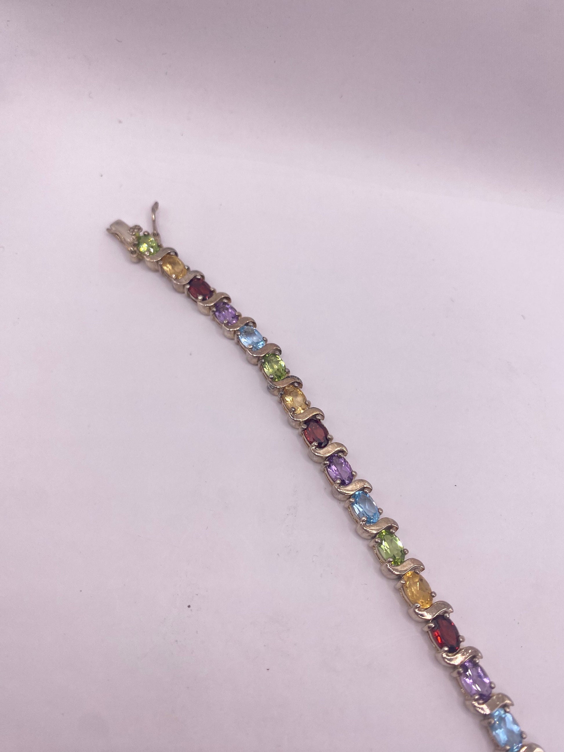 Vintage Mixed Gemstone 925 Sterling Silver Tennis Bracelet