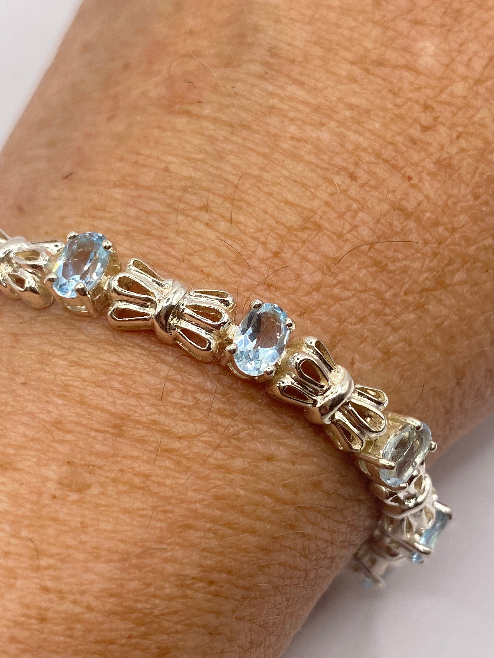 Vintage Genuine Blue Topaz Antique Rhodium 925 Sterling Silver Tennis Bracelet