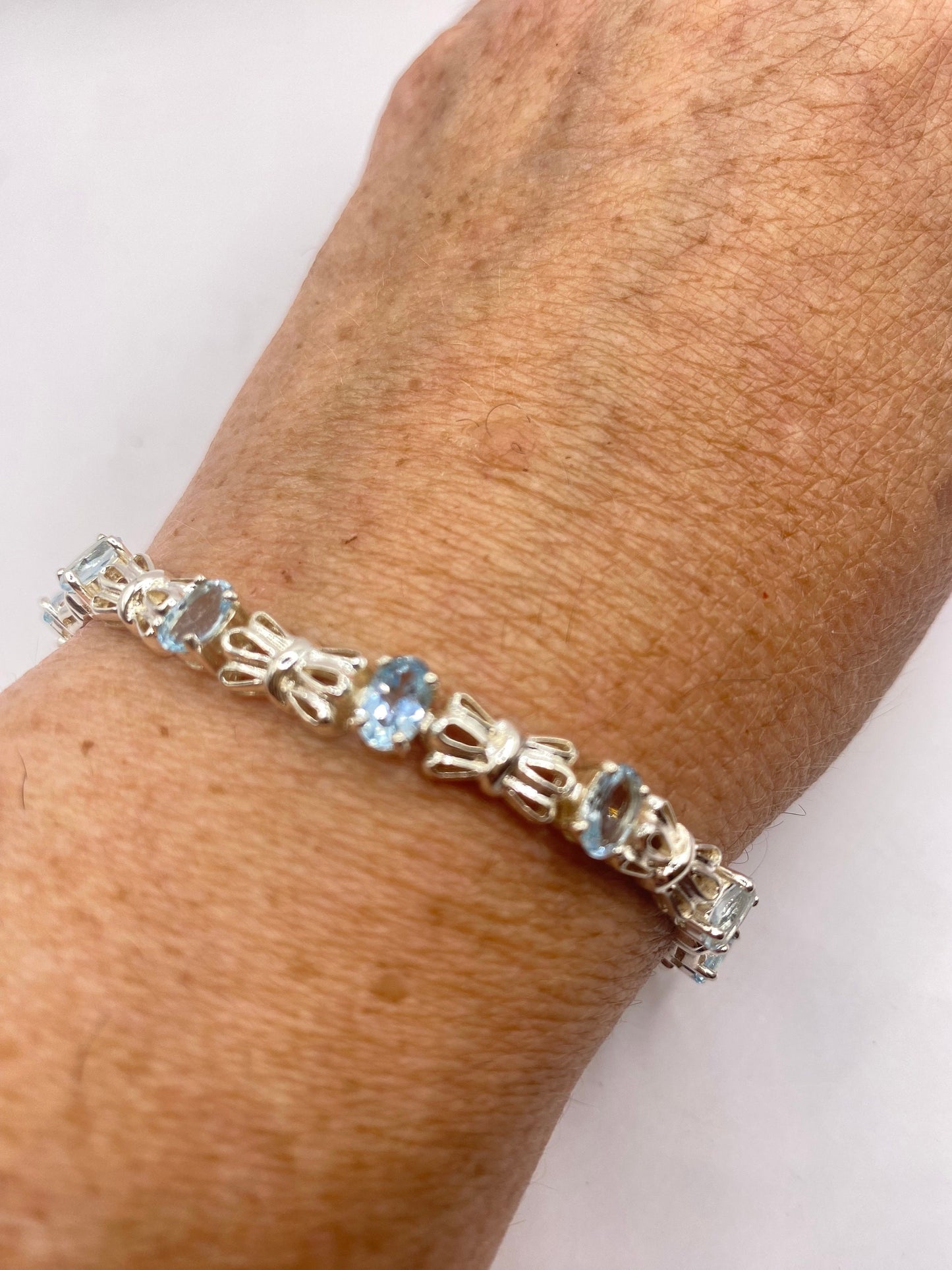 Vintage Genuine Blue Topaz Antique Rhodium 925 Sterling Silver Tennis Bracelet